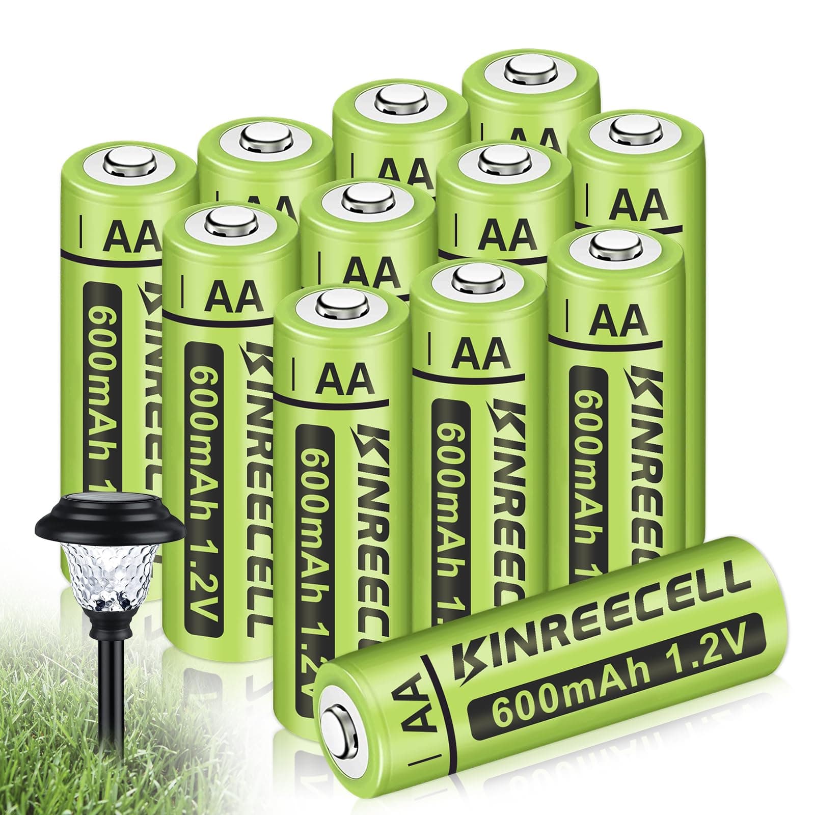 Rechargeable AA Batteries, Ni-MH Double A Solar Batteries True Capacity 1.2V Pre-Charged for Solar String Lights,Pathway Lights (AA-600mAh-12pack)