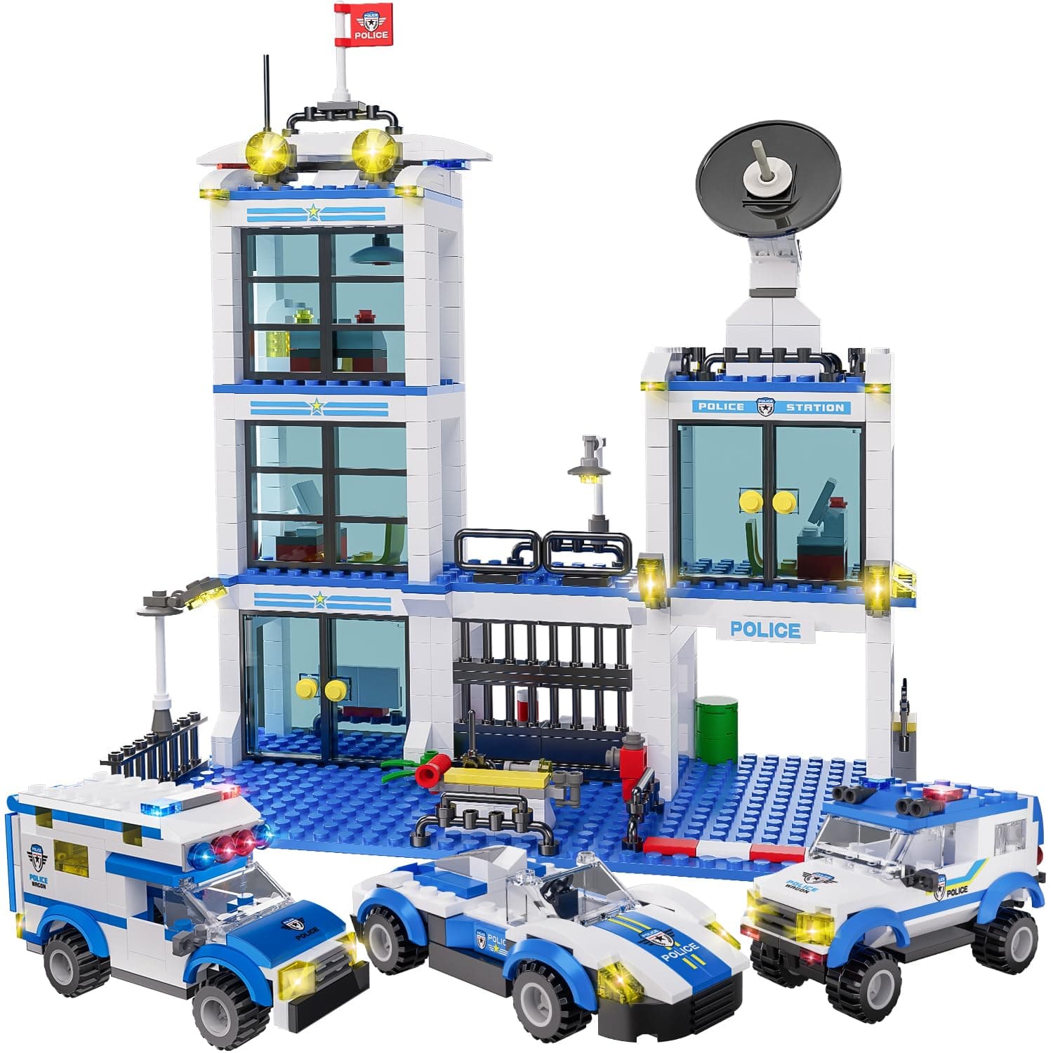 WishaLife City Police Station Building Kit, Police Car Toy, City Police Sets, with Escort Car, Prison Van, Cruiser, Learning Roleplay STEM Police Toys Birthday for Kids Boys Aged 6-12