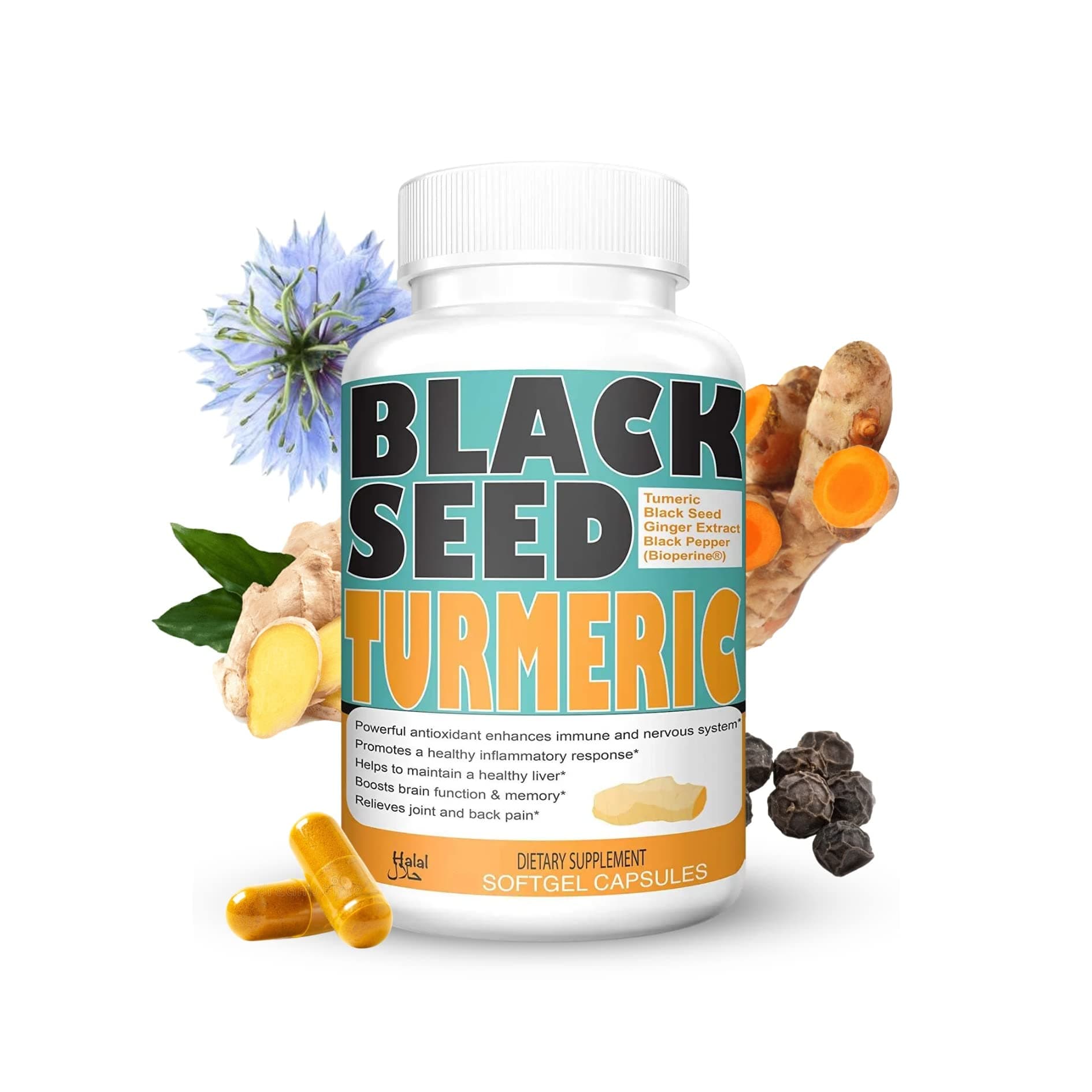 Turmeric 1350mg Curcumin 150mg Black Seed Powder 75mg Ginger Extract 50mg Black Pepper Fruit Extract 10mg Bioperine 60 Veggie Count Capsules by Sweet Sunnah