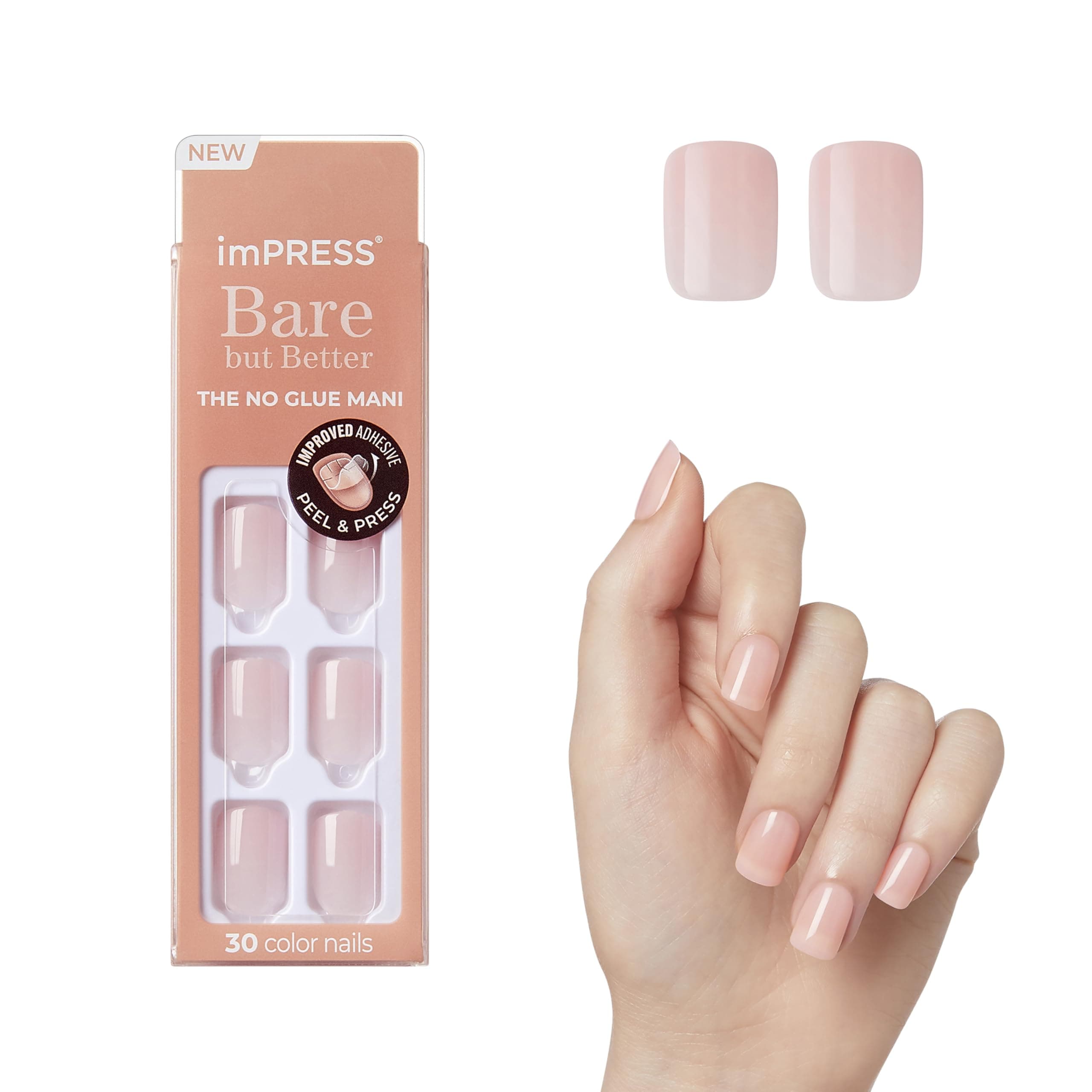 KISS imPRESS No Glue Mani Press On Nails, Bare but Better, 'Instinct', Pink, Short Size, Squoval Shape, Includes 30 Nails, Prep Pad, Instructions Sheet, 1 Manicure Stick, 1 Mini File