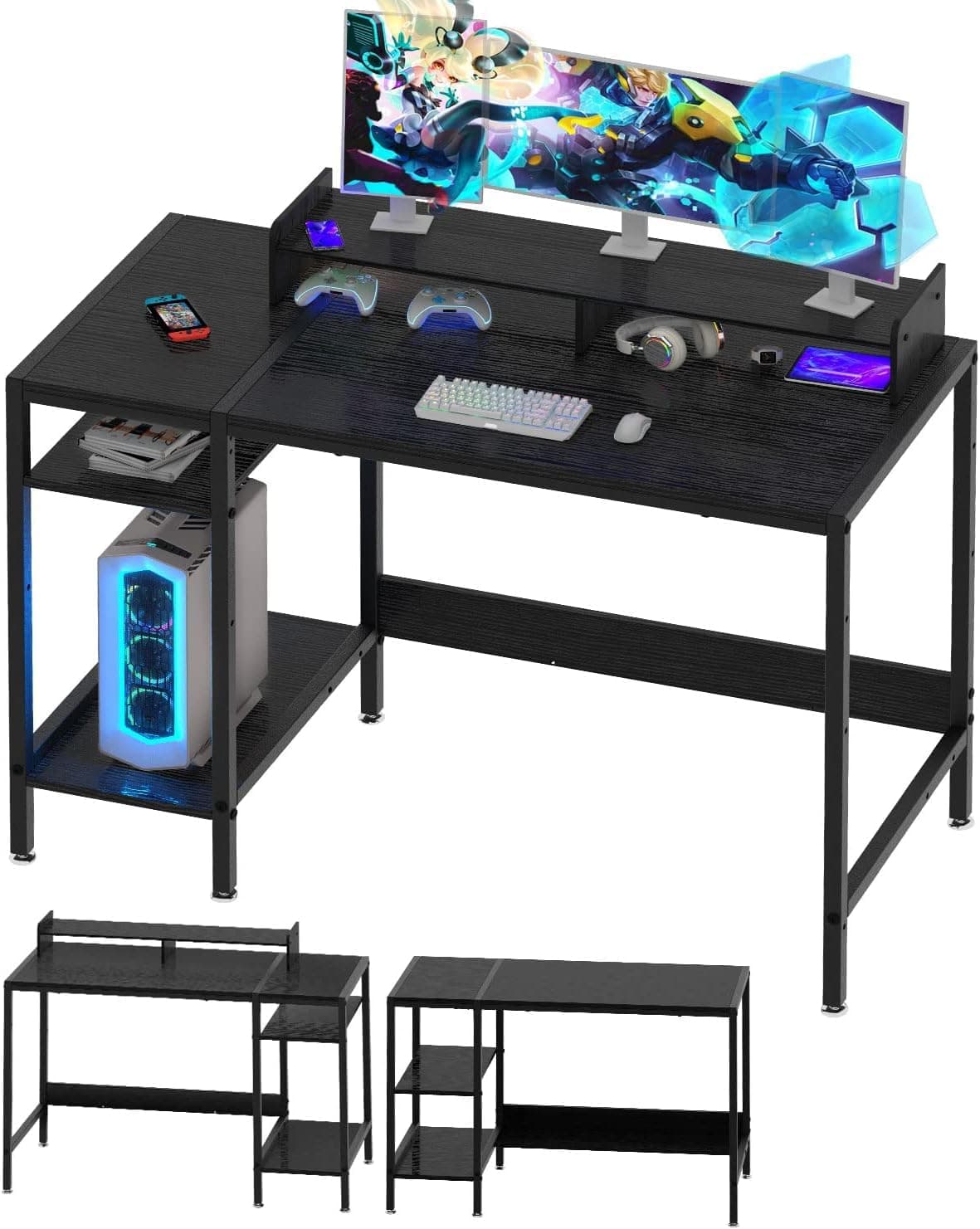MINOSYS Computer Desk - 47” Gaming Desk, Home Office Desk with Storage, Small Desk with Monitor Stand, Storage Space-Savor, Modern Table, Black
