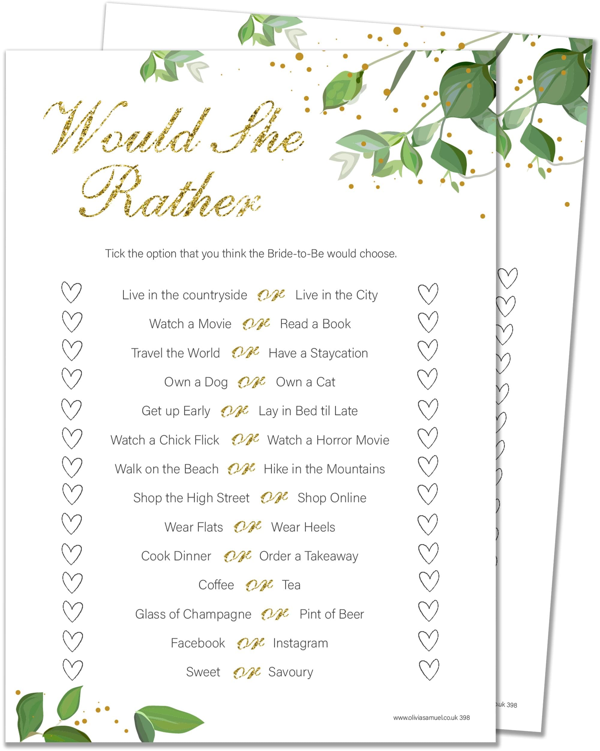 20 x Would She Rather - Bridal Shower Hen Party Game - Botanicals Design (20 Guest Cards + 1 Card of Answers for The Host + Winner Certificate)
