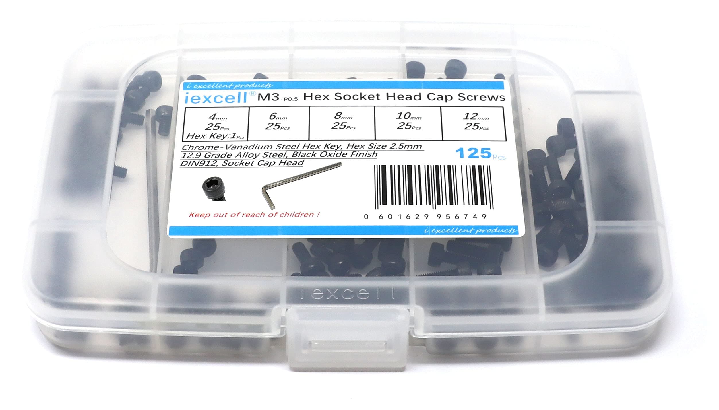 iexcell 125 Pcs M3 x 4/6/8/10/12 Alloy Steel 12.9 Grade Hex Socket Head Cap Screws Bolts Assortment Kit, Black Oxide Finish