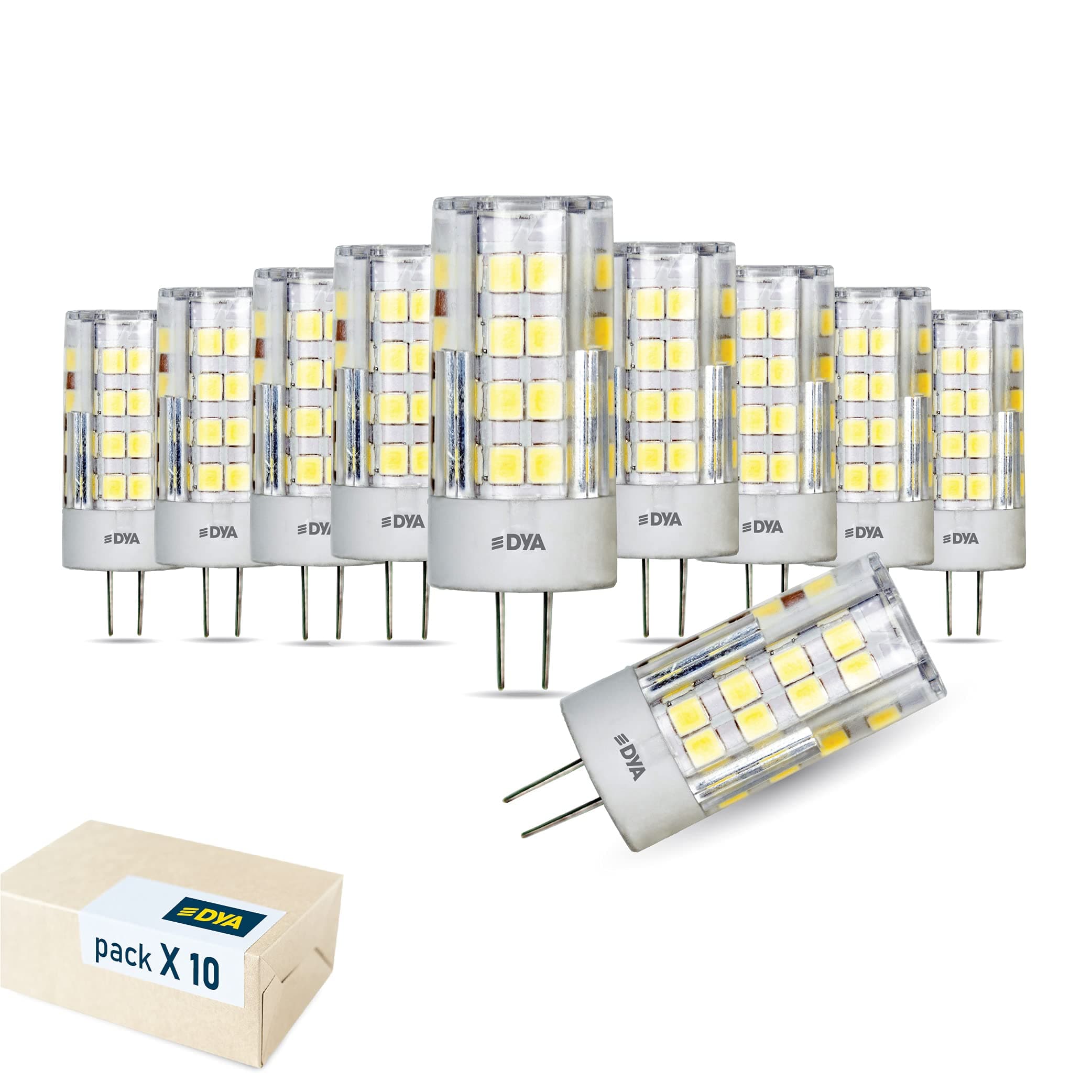 Set of 10 x G4 Two-Pin LED Bulbs, 6W, 510 Lumens, 220/240V, Size: 18 (diameter) x 55 mm, Cold Light 6,000 K, Light Radius 360°, Non-Dimmable. [Energy Class A+]