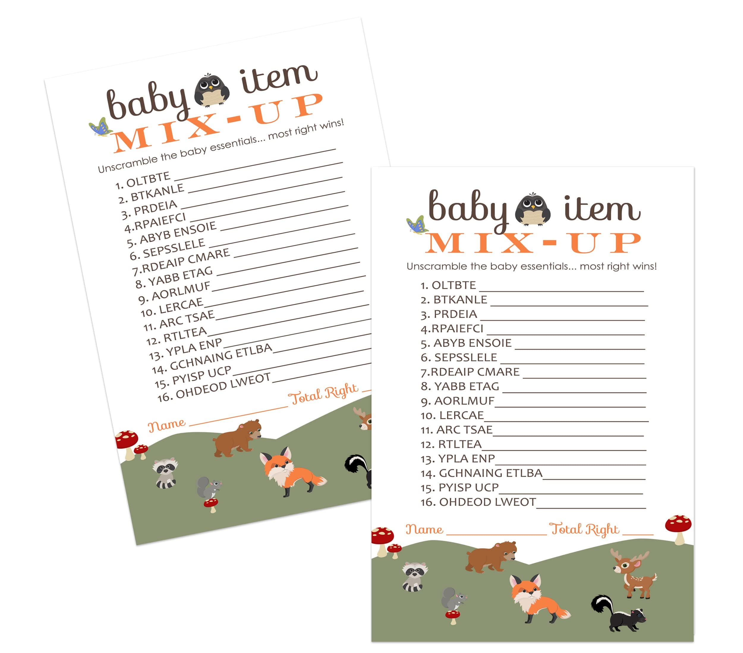 Paper Clever PartyWoodland Baby Shower Games Gender Neutral - Word Scramble Activity - Fun Baby Shower Activities for Guests with Prizes - Rustic Forest Creature Theme - 25 Cards