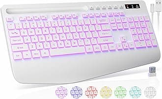 Wireless Keyboard with 7 Colored Backlit, Wrist Rest, Phone Holder, Rechargeable Ergonomic Computer Keyboard with Silent Keys, Full Size Lighted Keyboard for Windows, MacBook, PC, Laptop (White)