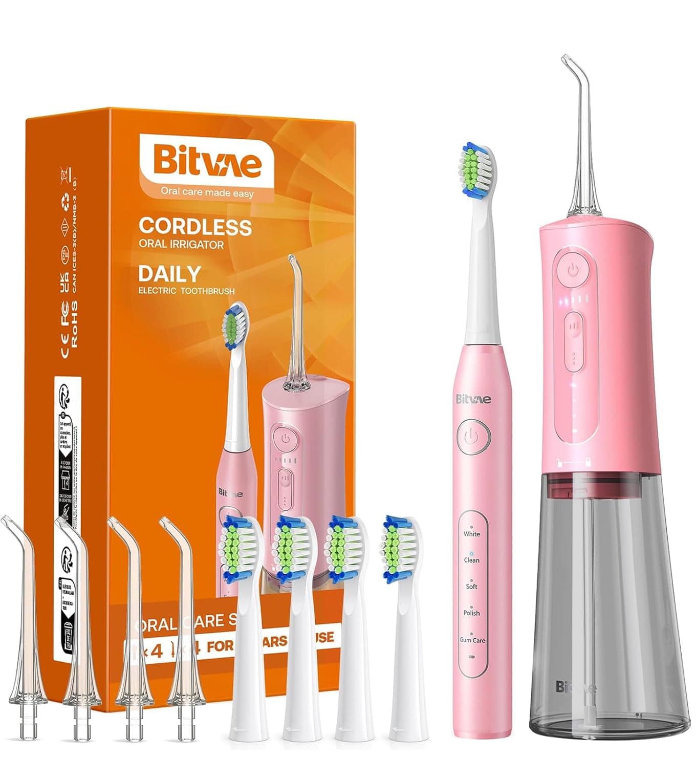 Bitvae Water Dental Flosser Teeth Picks - Cordless Portable Oral Irrigator, 5 Modes Sonic Electric Toothbrush with 3 Modes & 5 intensities Water Teeth Cleaner Combo, Quartz Pink