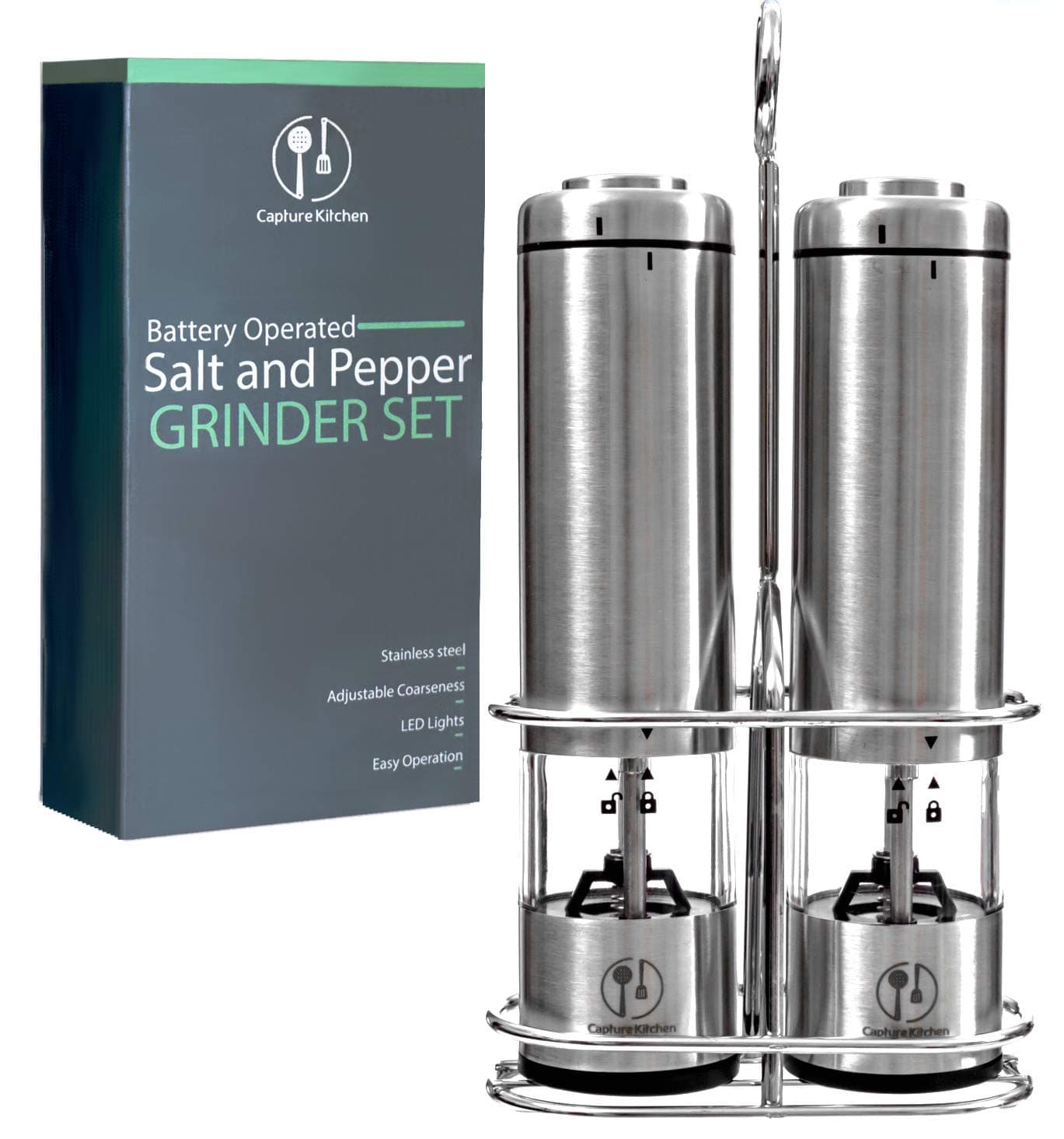 Electric Salt and Pepper Grinder Set of 2 By Capture Kitchen - Battery Operated Stainless Steel Refillable Mill Combo - Sealable Shaker with Unique Metallic Stand and Adjustable Ceramic Grinders