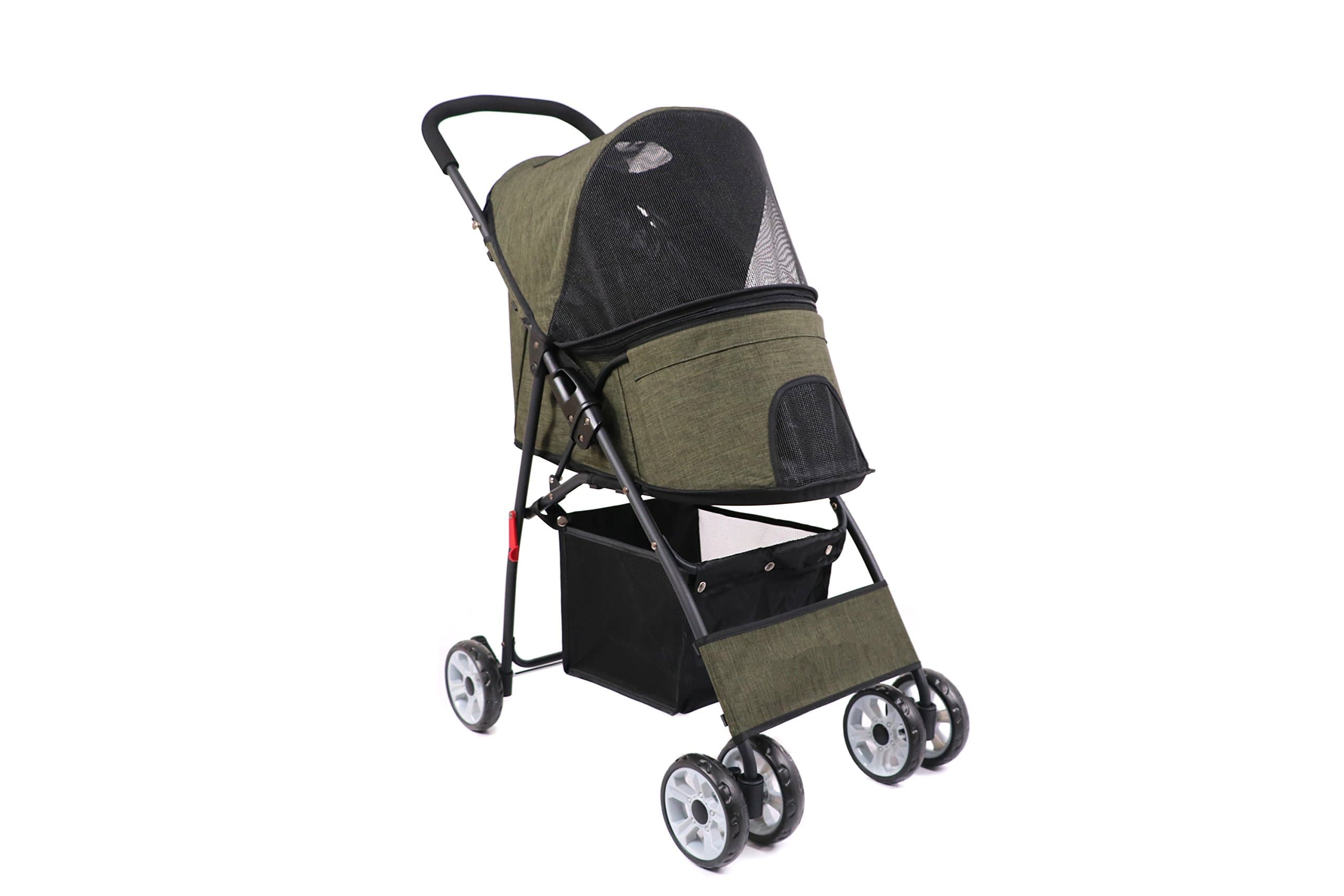 StaySmart Pet Stroller for Small Dogs/Cats, Easy To Fold, With Large Storage Basket (Green)