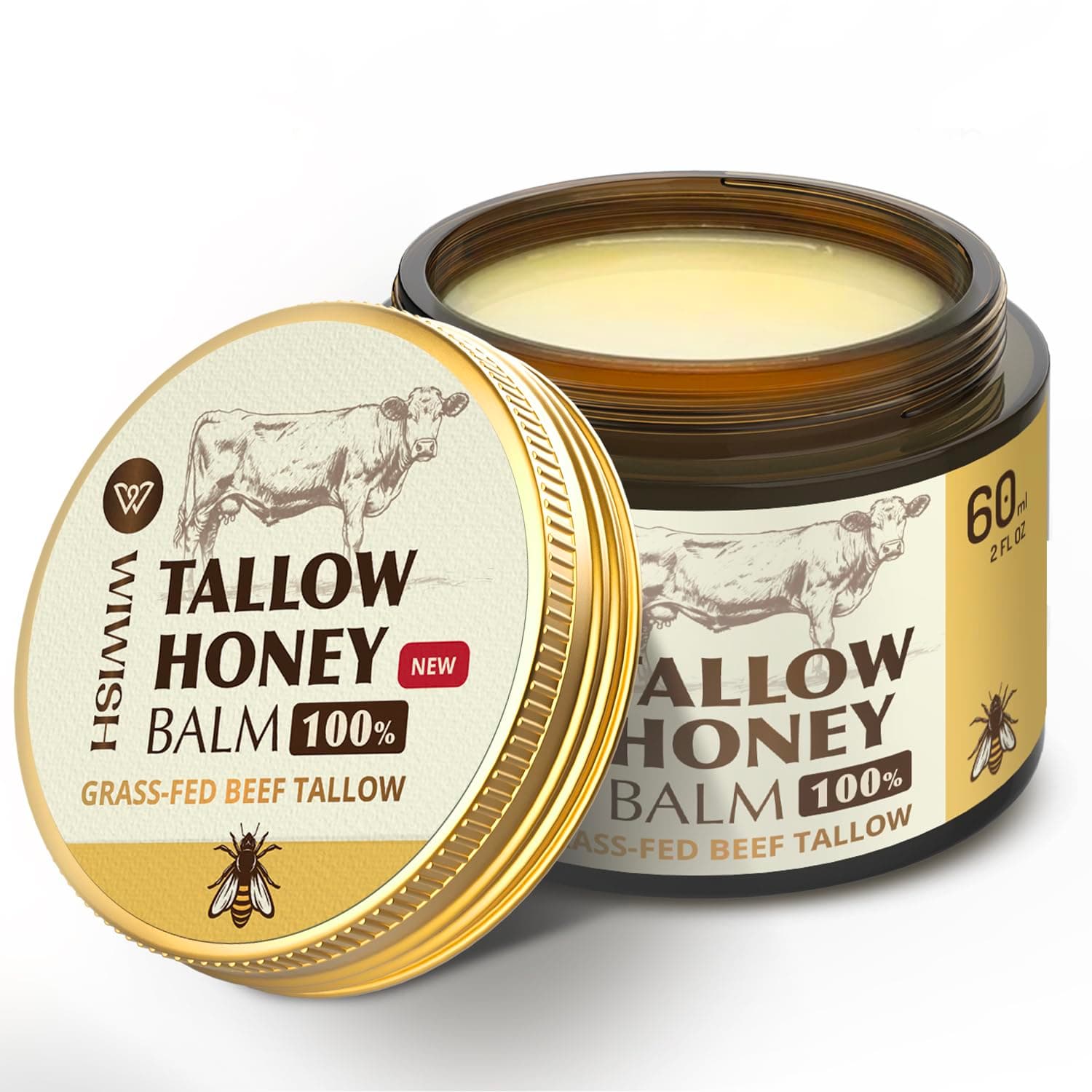 Beef Tallow and Honey Balm for Skin: Grass Fed Whipped Beef Tallow Face Body Moisturizer-Tallow Cream Infused with Raw Wild Honey for Soft, Smooth Skin