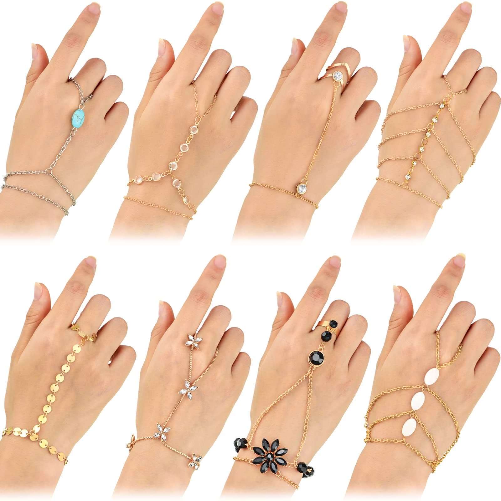 8 Pieces Hand Chain Set Ring Bracelet Hand Chain Tassel Crystal Finger Bracelet Bohemian Jewelry for Women (Elegant)
