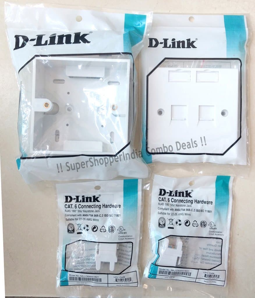 D-Link SuperShopperIndia Combo Deals 2 RJ45 CAT6E Lan I/O Network Keystone Jack + Gang Box + Dual Port Face Plate - 5 sets