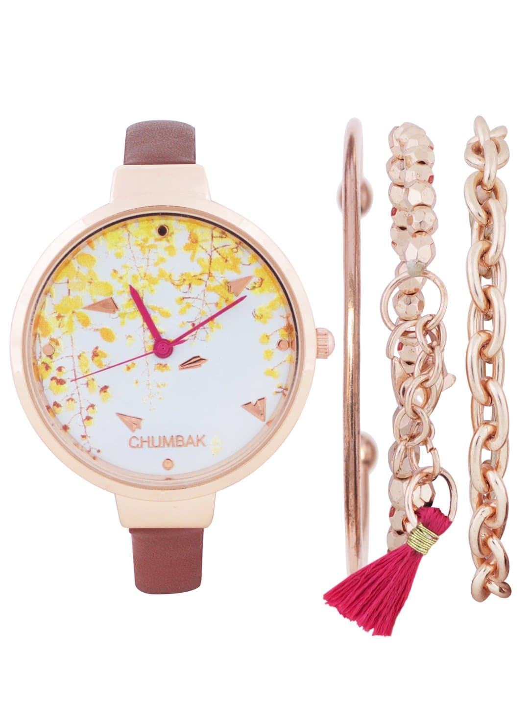 Round Dial Analog Watch for Women|Summer Blooms Collection| Watch & Jewellery Sets|Gifts for Women/Girls/Ladies |Stylish Fashion Watch for Casual/Work - Gold