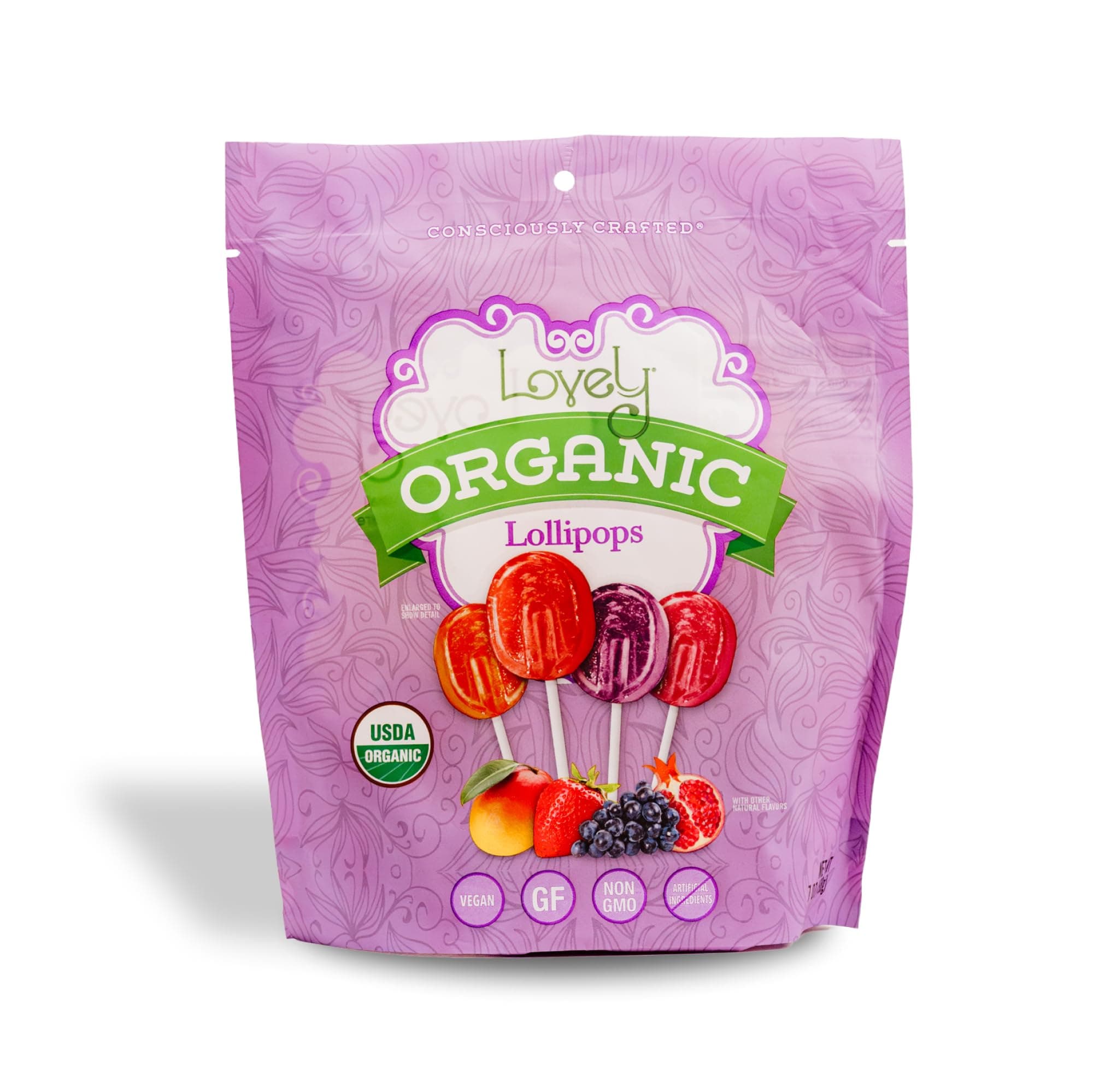 ORGANIC Lollipops - Lovely Co. 7oz Bag (40 count) - Strawberry, Pomegranate, Mango & Grape Flavors | NO HFCS, GLUTEN or Fake Ingredients, 100% VEGAN & Kosher!