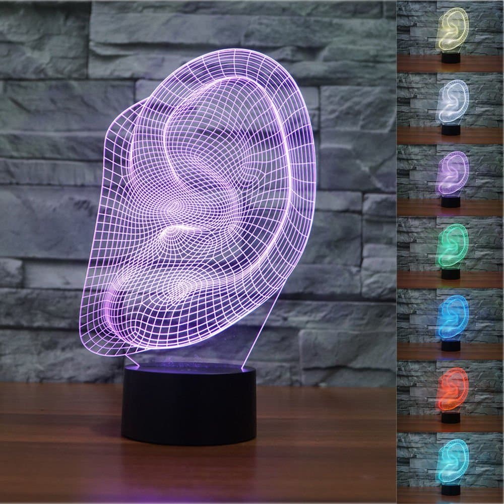 Marvelous Ear 3D Night Light Touch Table Desk Lamps, HAIYU 7 Color Changing Illusion Lights with Acrylic Flat & ABS Base & USB Charger for Christmas Gift