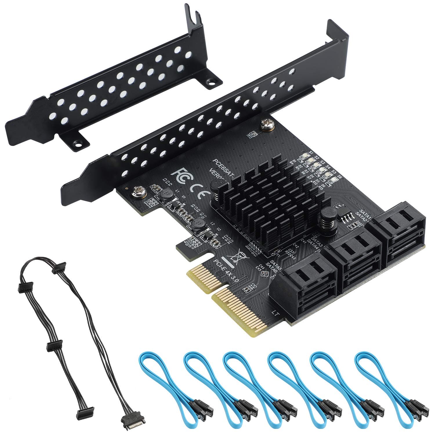 PCIe 4X to 6 SATA Expansion Card, 6Gbps SATA3.0 Controller with LED Indicator, 6 SATA Cables, 15 PIN Power Cable for Win10/8/7/XP/Vista/Linux
