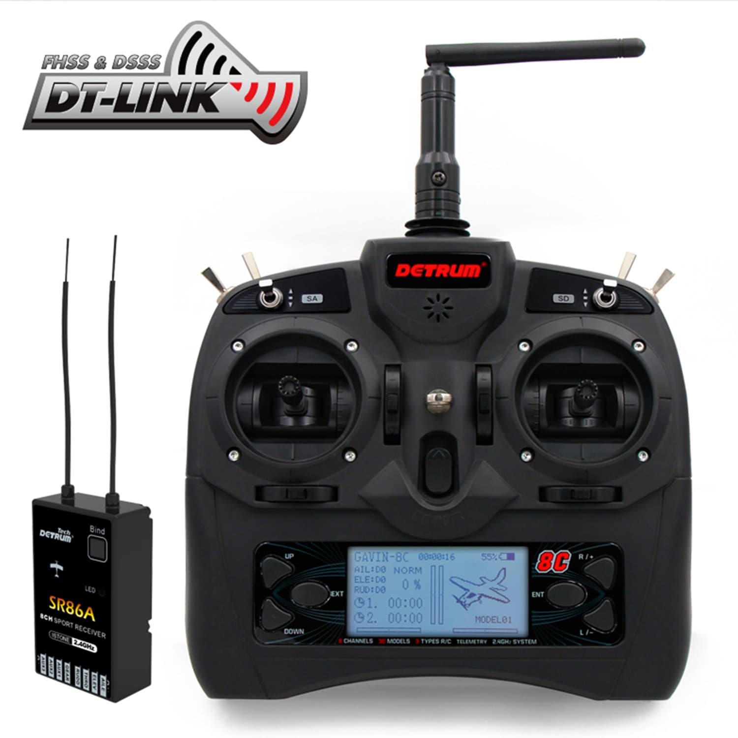 Detrum 2.4G 8CH Gavin 8C Transmitter with Istone SR86A Stabilizer Safety System Receiver W/Programmable ABS S Mode2