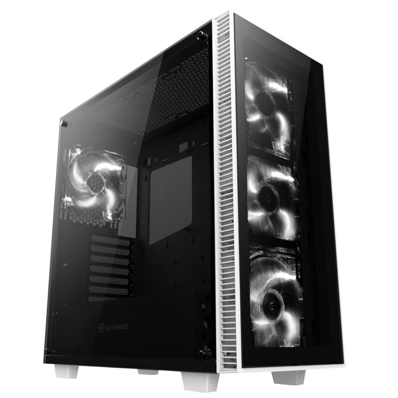 anidees AI-Crystal-W Mid Tower Liquid Cooling, Gaming ATX Case w/Tempered Glass Side Window and Front Panel, White Interior, White LED Fans, E-ATX,360/280 Radiator Support - White Version