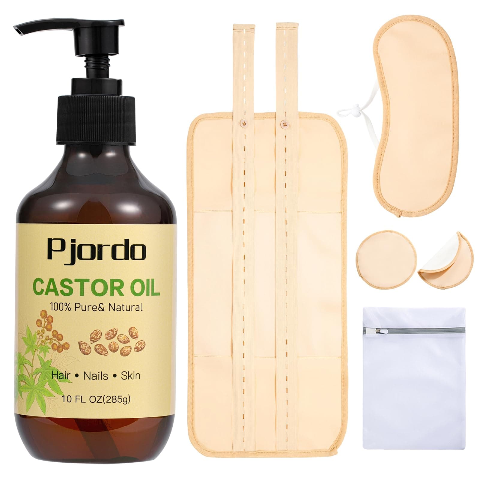 6Pcs Castor Oil Pack Wrap Kit for Waist, Neck and Chest, Reusable Castor Oil Pack for Liver Detox, Adjustable Elastic Strap, Cotton Flannel, 10Fl Oz Organic Castor Oil Cold Pressed