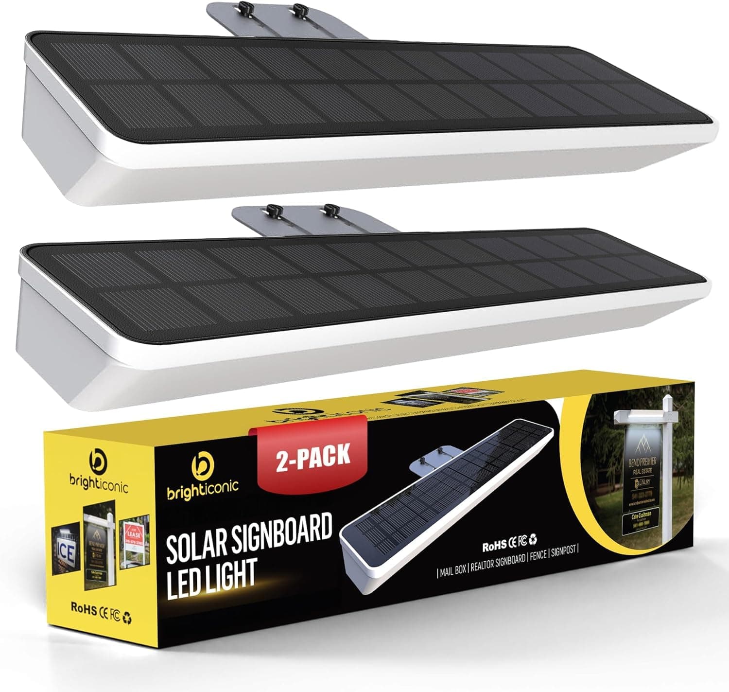 Brighticonics 2Pck Solar Address Sign Light – IP65 Waterproof Easy Install, Auto Dusk-to-Dawn On/Off – Outdoor Light for Business, Lease, Real Estate Sign Post – LED Signboard Gifts – Cold White 6000K