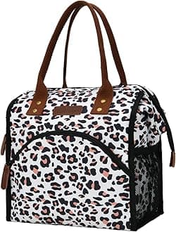 LOKASS Lunch Bag Women Insulated Lunch Box Wide-Open Lunch Tote Bag Large Cooler Bag for Work Picnic Hiking Beach Fishing（Leopard）