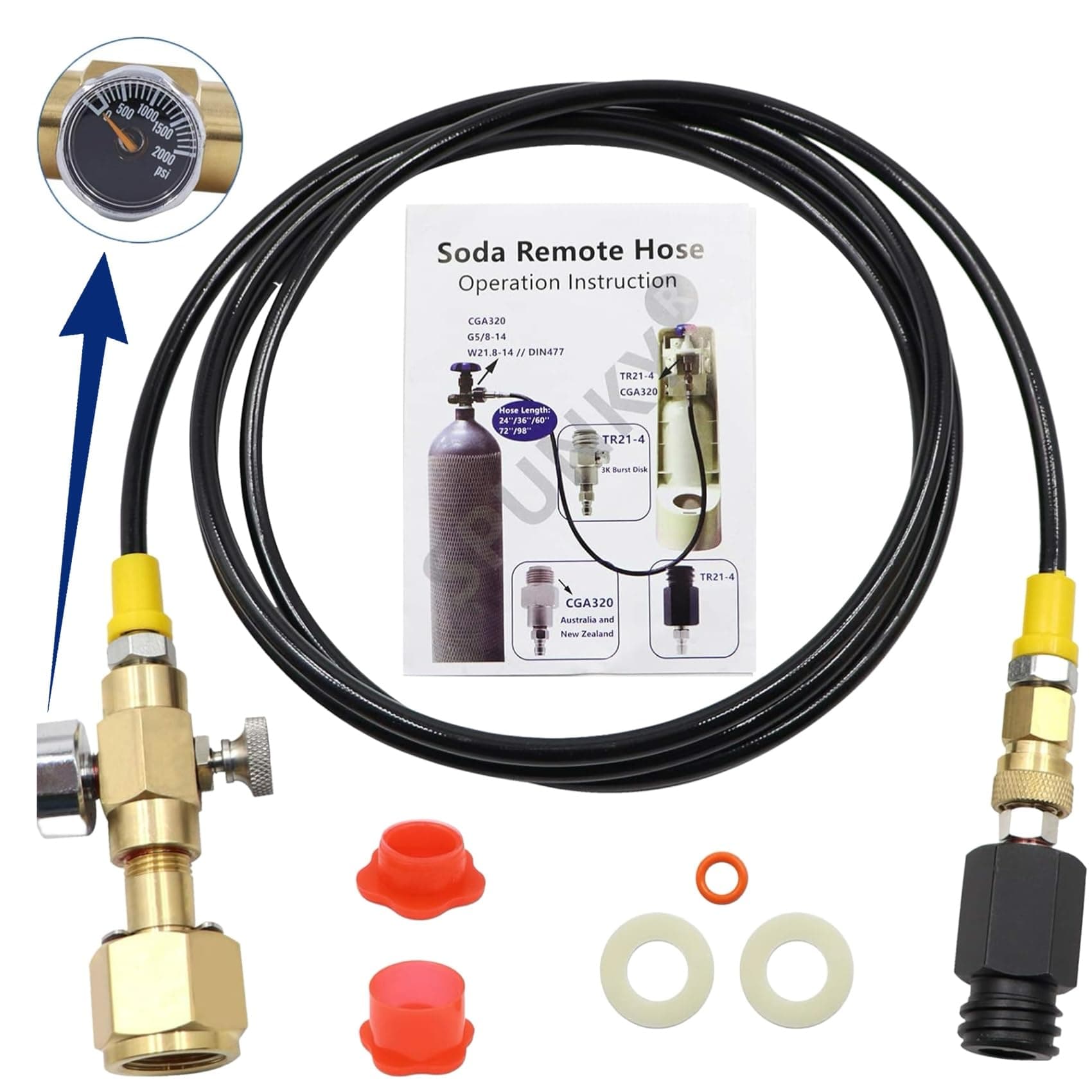 Upgrade CGA320 to TR21-4 Soda maker Co2 Tank Cylinder Direct Adapter with 60 inches High-Pressure Hose, Soda Maker direct Connector for sodastream, Soda Club (Gauge and bleed valve)