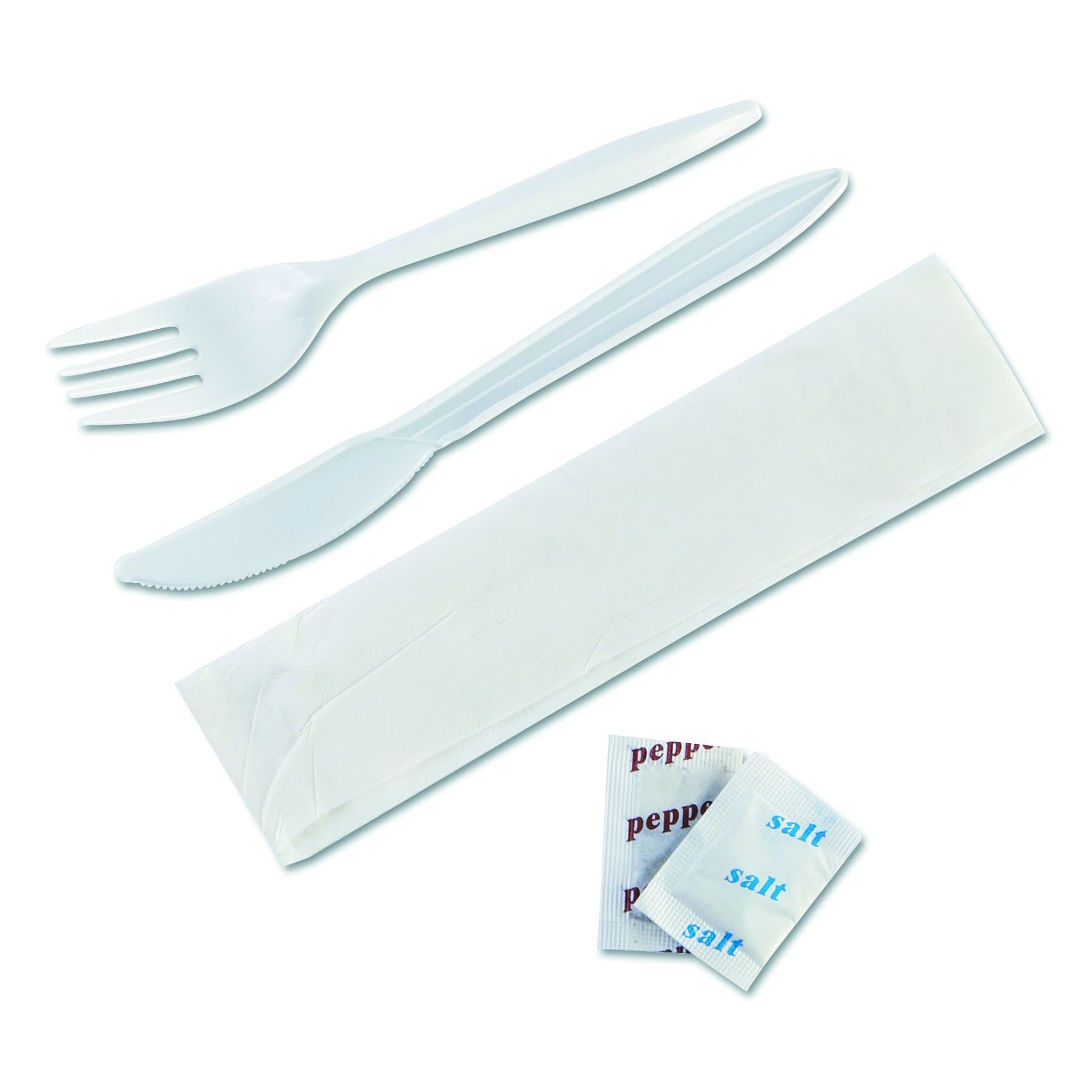 Baily 7KITMW Medium Weight Cutlery Kit with Fork, Knife, Salt, Pepper, and Napkin, White (Case of 250)