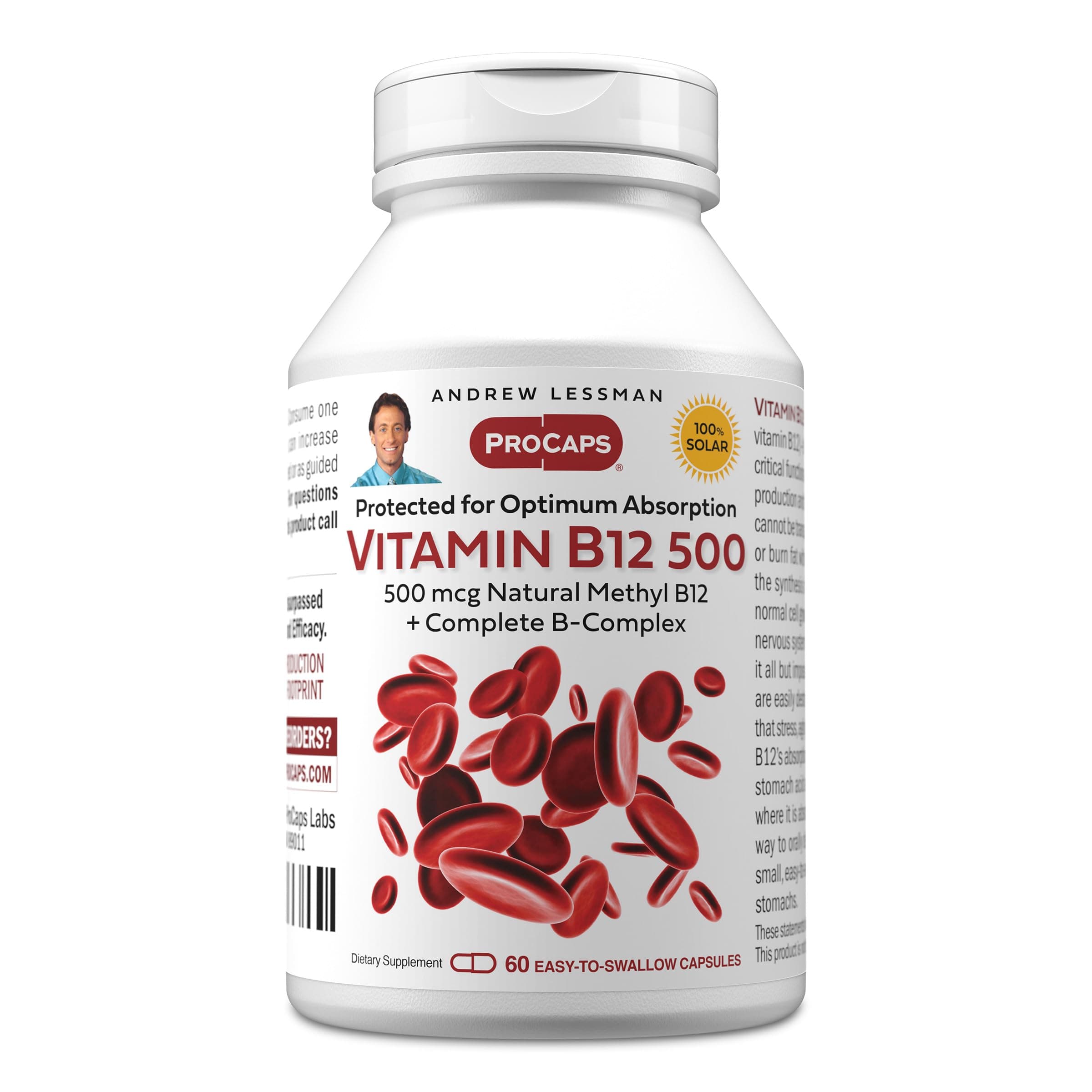 ANDREW LESSMAN Vitamin B12 500 60 Capsules - Absorption-Protected Methylcobalamin (Natural Coenzyme Vitamin B12), Essential for Energy and Stress Support, Plus B-Complex, Easy to Swallow Capsules