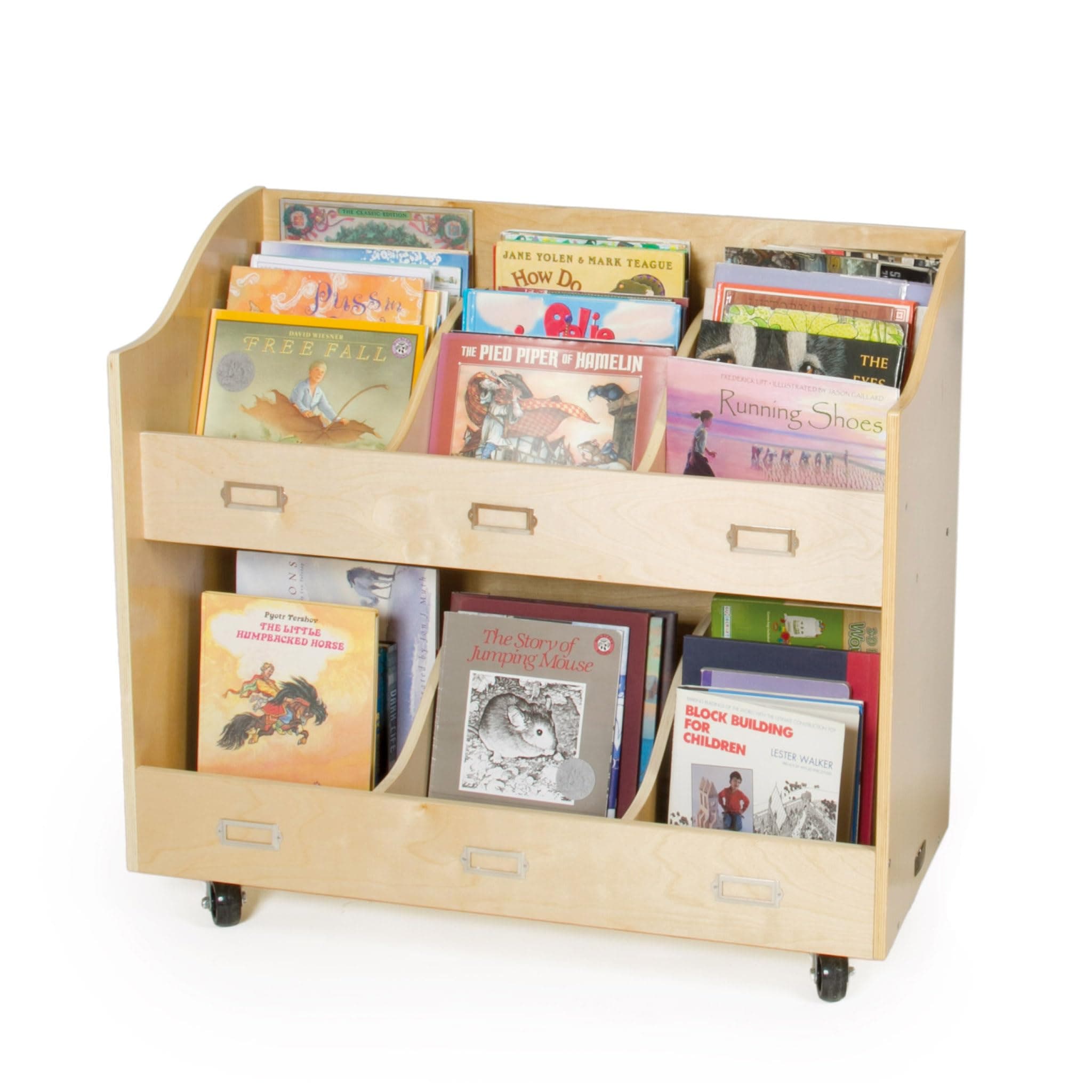 Mobile Book Organizer - Wooden Rolling Bookshelf and School Supply Cart with Casters and nameplate Labels - Classroom Storage Furniture
