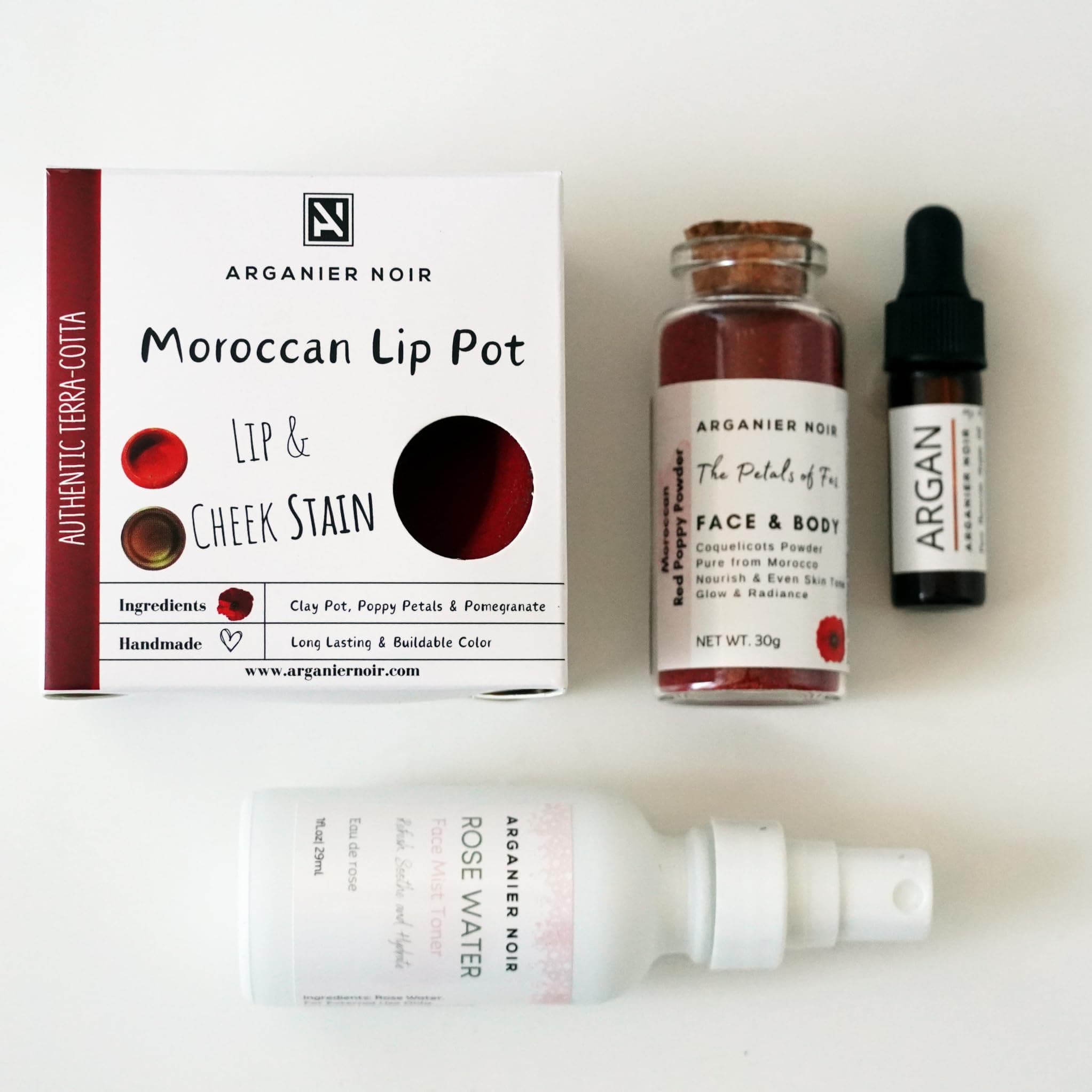 Moroccan Amazigh Beauty Make up Set| Ancient Beauty Rituals Moroccan Lip Terracotta Pot- Coquelicot Poppy Powder- Pure Argan Oil- Rose Water