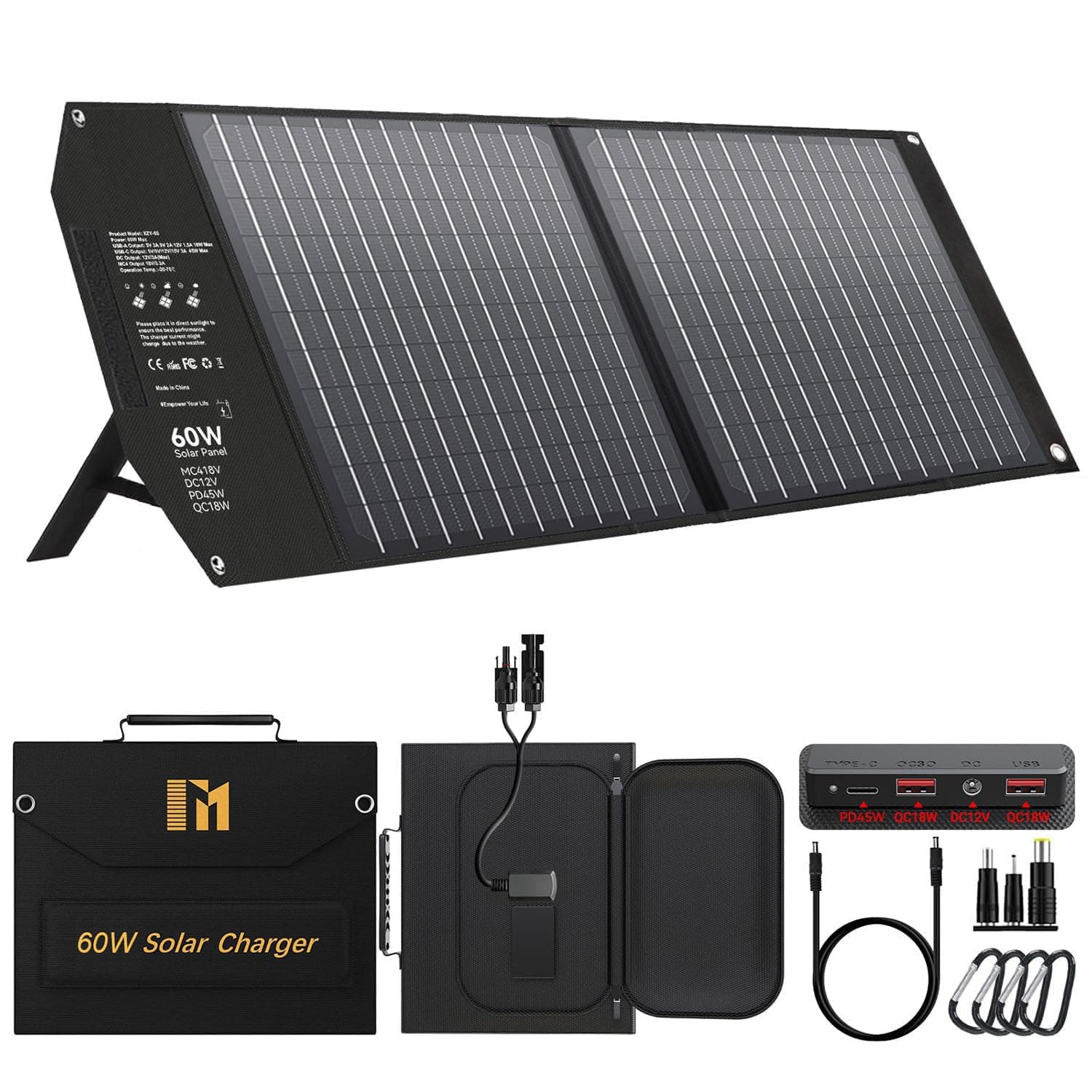 – Mesuvida 60W Portable Solar Panels with PD3.0 PD45W USB-C QC3.0 USB-A 18V DC MC4 Outputs Foldable Solar Panel for Camping RV Trip Fast Charging for Small Power Station Generator Cell Phone Power Bank
