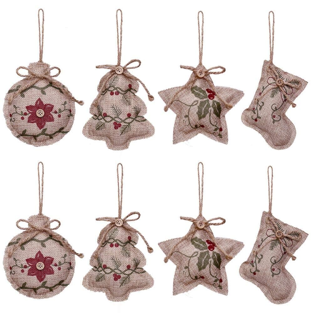 Rustic Christmas Tree Ornaments Stocking Decorations Burlap Country Christmas Stocking Ball Tree Bell with Red and Green Holly Leaves for Holiday Party Decor-8PCS