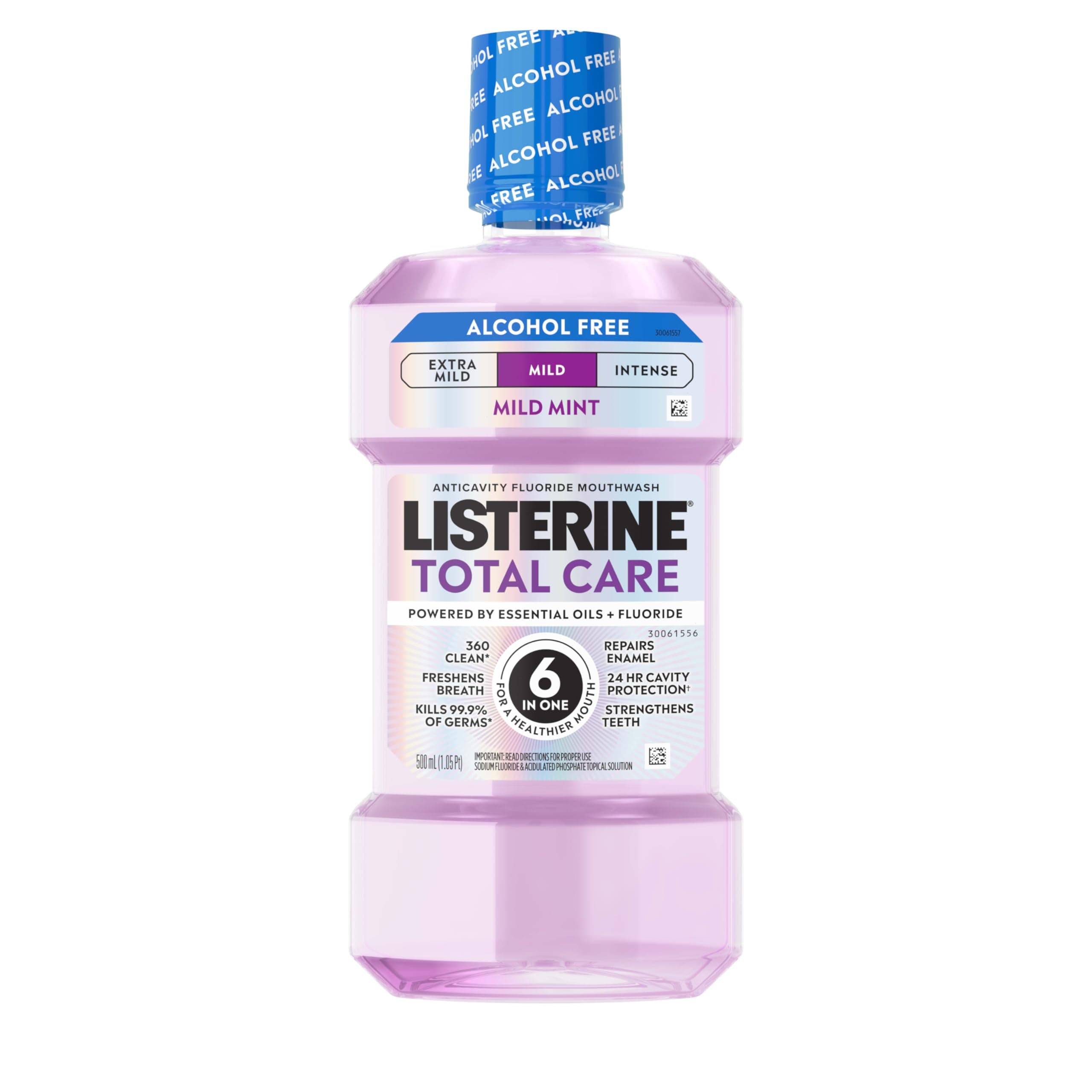 Total Care Alcohol-Free Mild Mouthwash, 6 Benefit Oral Rinse to Help Kill 99.9% of Germs that Cause Bad Breath, Strengthen Enamel, Mild Mint Flavor, 500 mL
