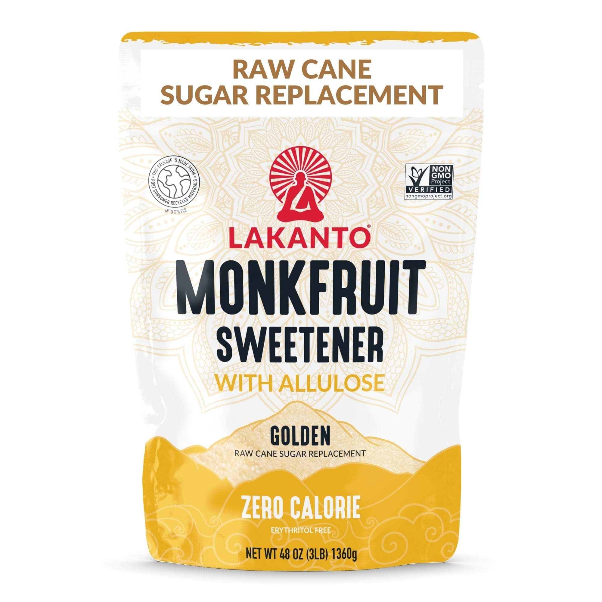 Golden Monk Fruit Sweetener With Allulose, Raw Cane Sugar Substitute From Monk Fruit Extract, Raw Sugar Replacement for Baking, Coffee & Tea, Gluten Free, Low Carb, Non GMO, Keto, 3 LB Bag