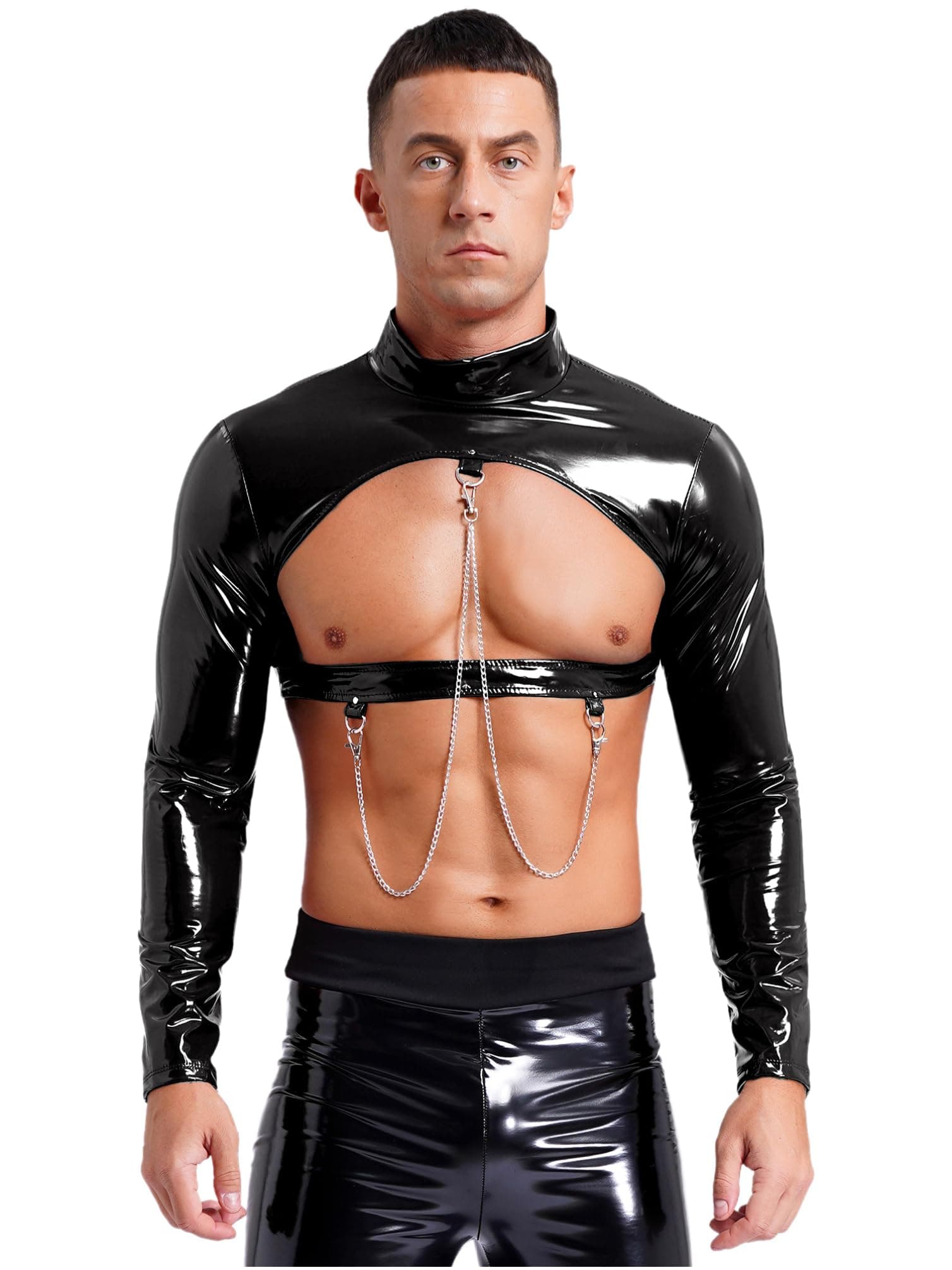 winyingMans Shiny Leather Long Arm Sleeves Open Front Zipper Shrug Half Top Hip Hop Nightclub