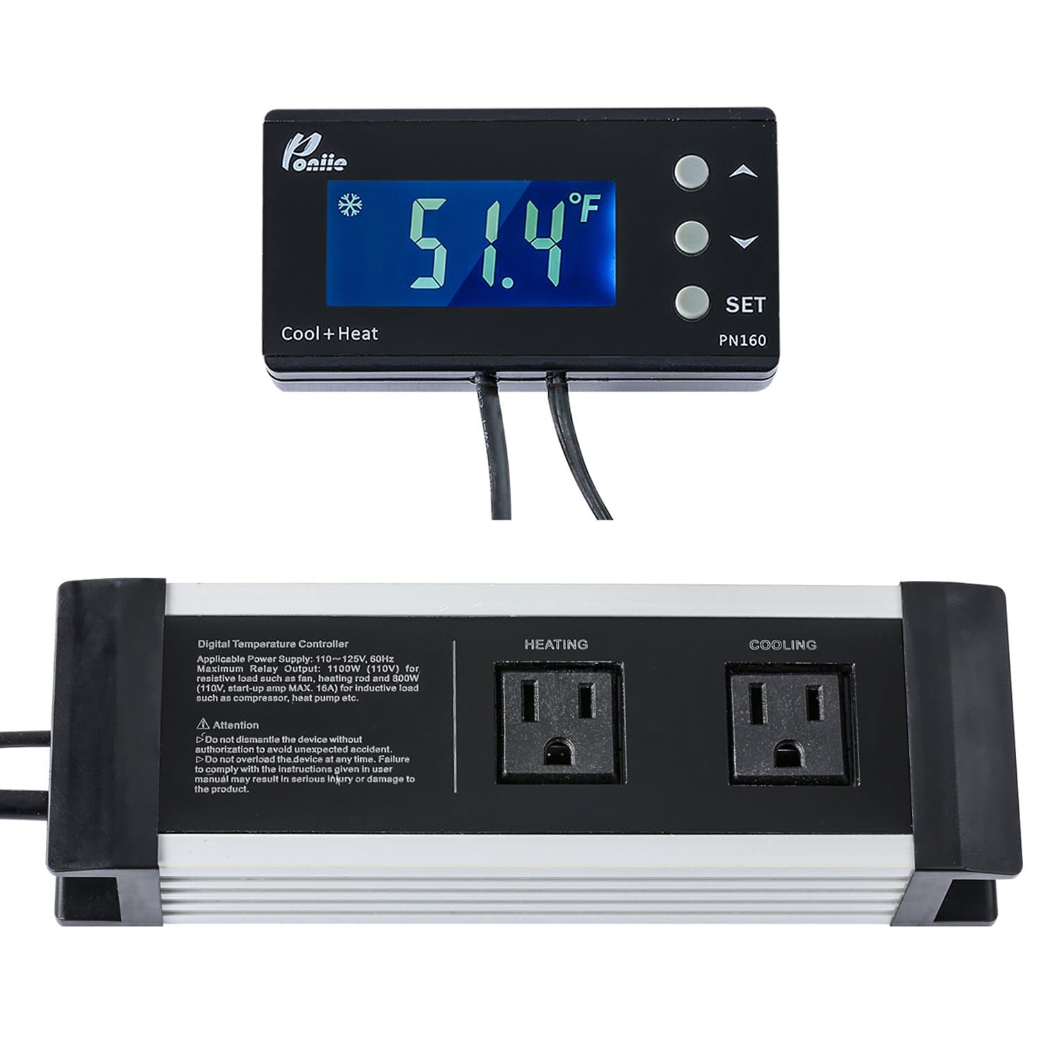PN160 Digital Temperature Controller 2-Stage Controlled Outlet Thermostat for Reptile, Heat Mat and Brewing, w/Calibration & Compressor Protection
