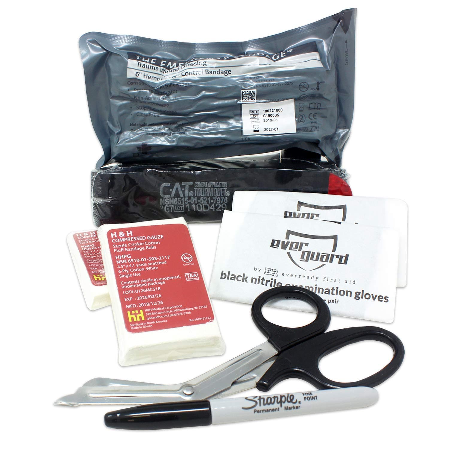 Ever Ready First Aid Bleeding Control - Basic Kit with CAT Tourniquet, Hemostatic Bandage, Compressed Gauze Dressing, Autoclavable Stainless Steel Trauma Shears, Gloves, Permanent Marker