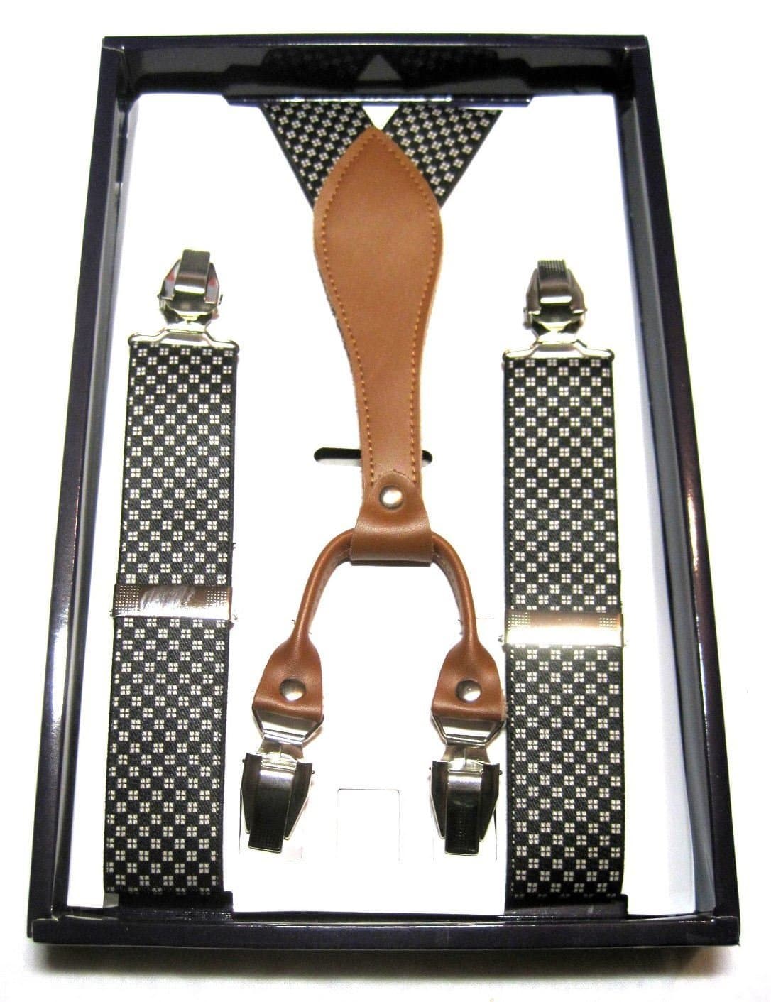 35mm Casual Elastic Men Suspender Braces Black & White Squares with Brown Leather Junction Suspender Braces Model #21