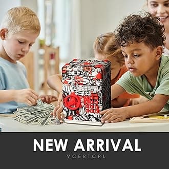 Vcertcpl ATM Piggy Bank for Boys Girls, Mini ATM Coin Bank Money Saving Box with Password, Kids Safe Money Jar for Adults with Auto Grab Bill Slot, Great Gift Toy Bank for Kids (Large, TY-RedBlack)