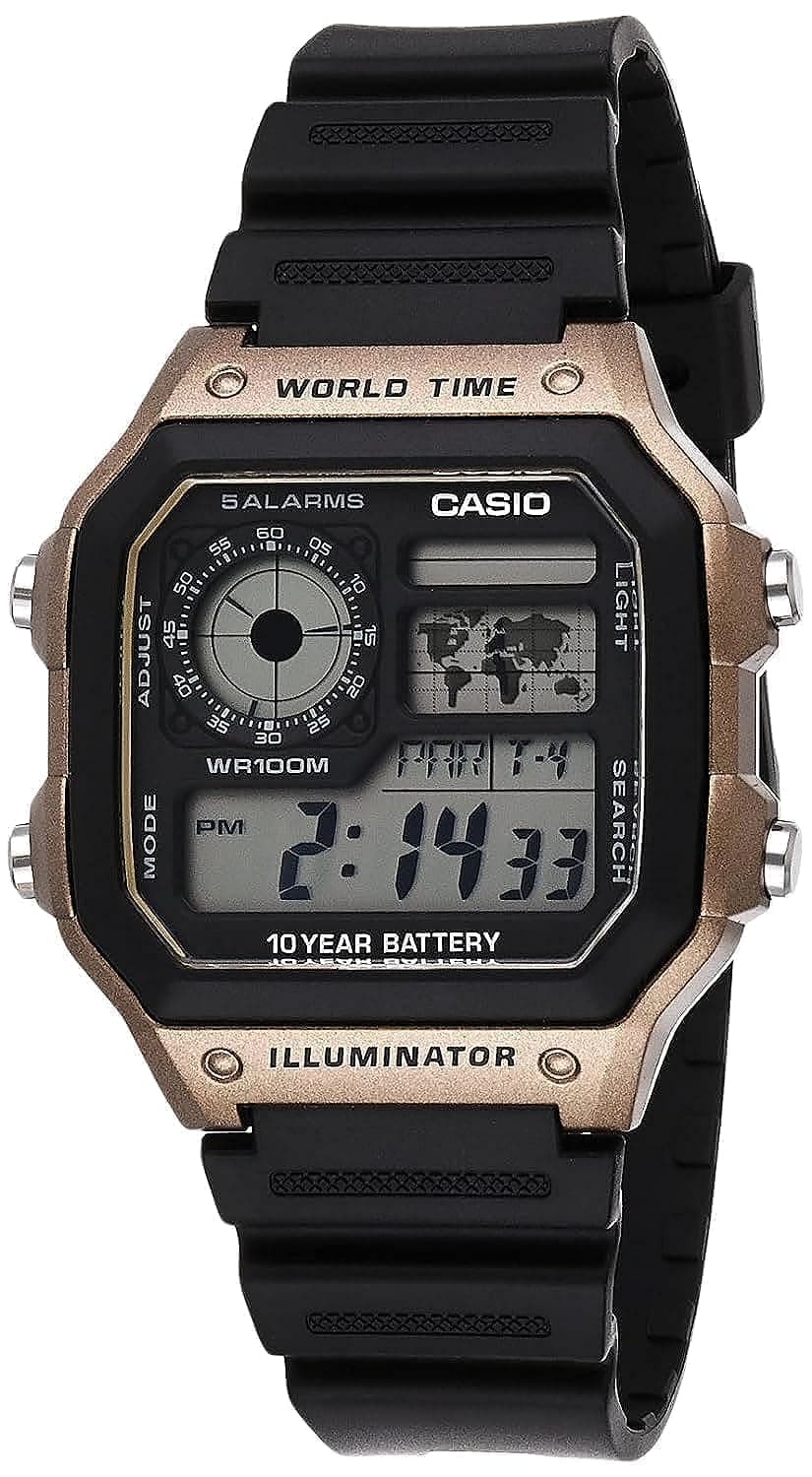 AE1200WH Series | Men’s Digital Watch | 100M WR | Multi Alarms | 100 SEC Stopwatch | Countdown Timer | World Map for World Time | LED Light | LC Analog Display | 10 Year Battery