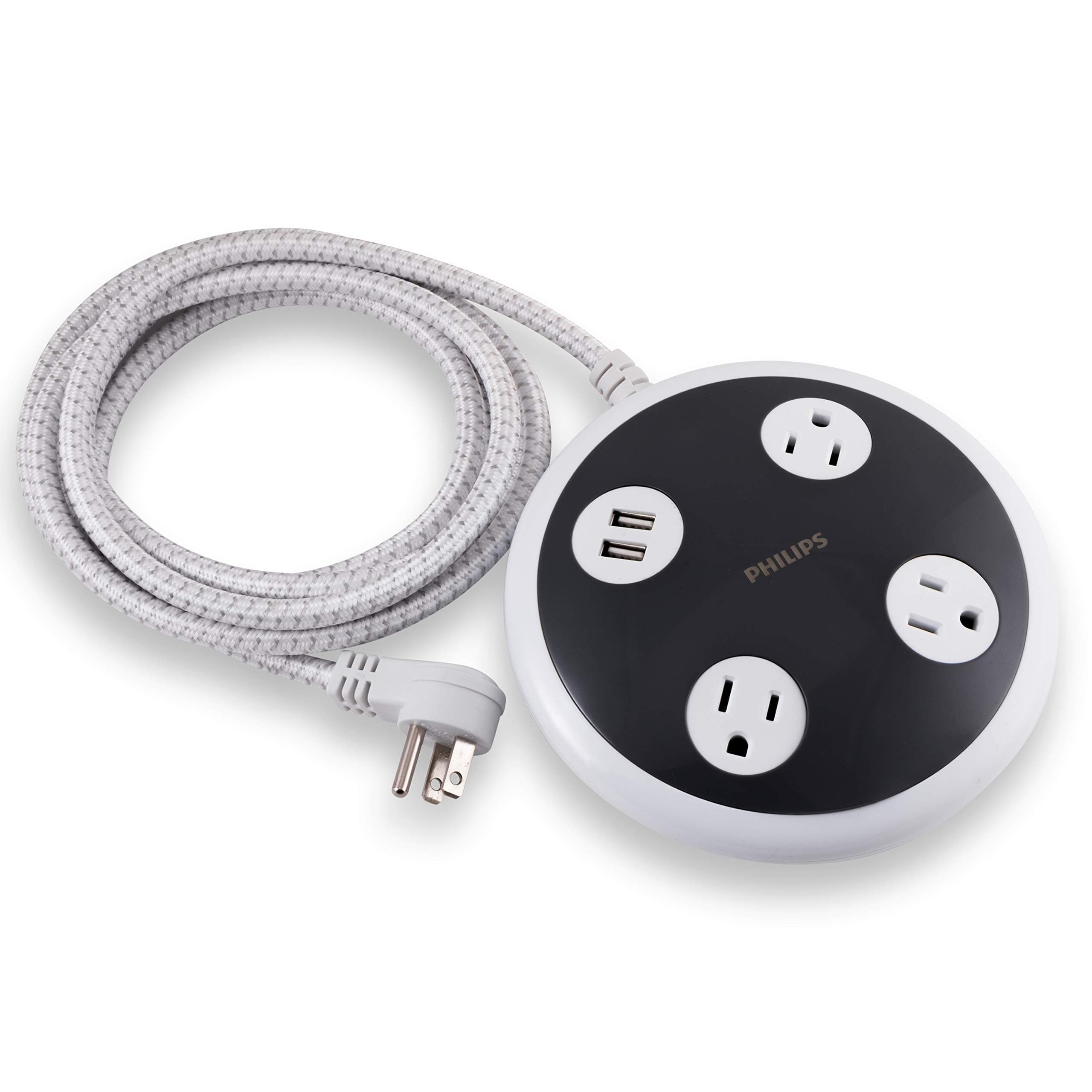 PHILIPS3 Outlet 2 USB Surge Protector Orb, 8 ft Braided Extension Cord, Flat Plug, Power Hub, Round, 450 Joules, White, SPP6230WC/37