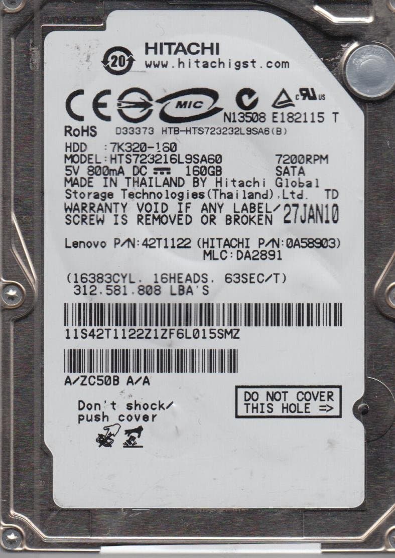 HTS723216L9SA60, PN 0A58903, MLC DA2891, Hitachi 160GB SATA 2.5 Hard Drive