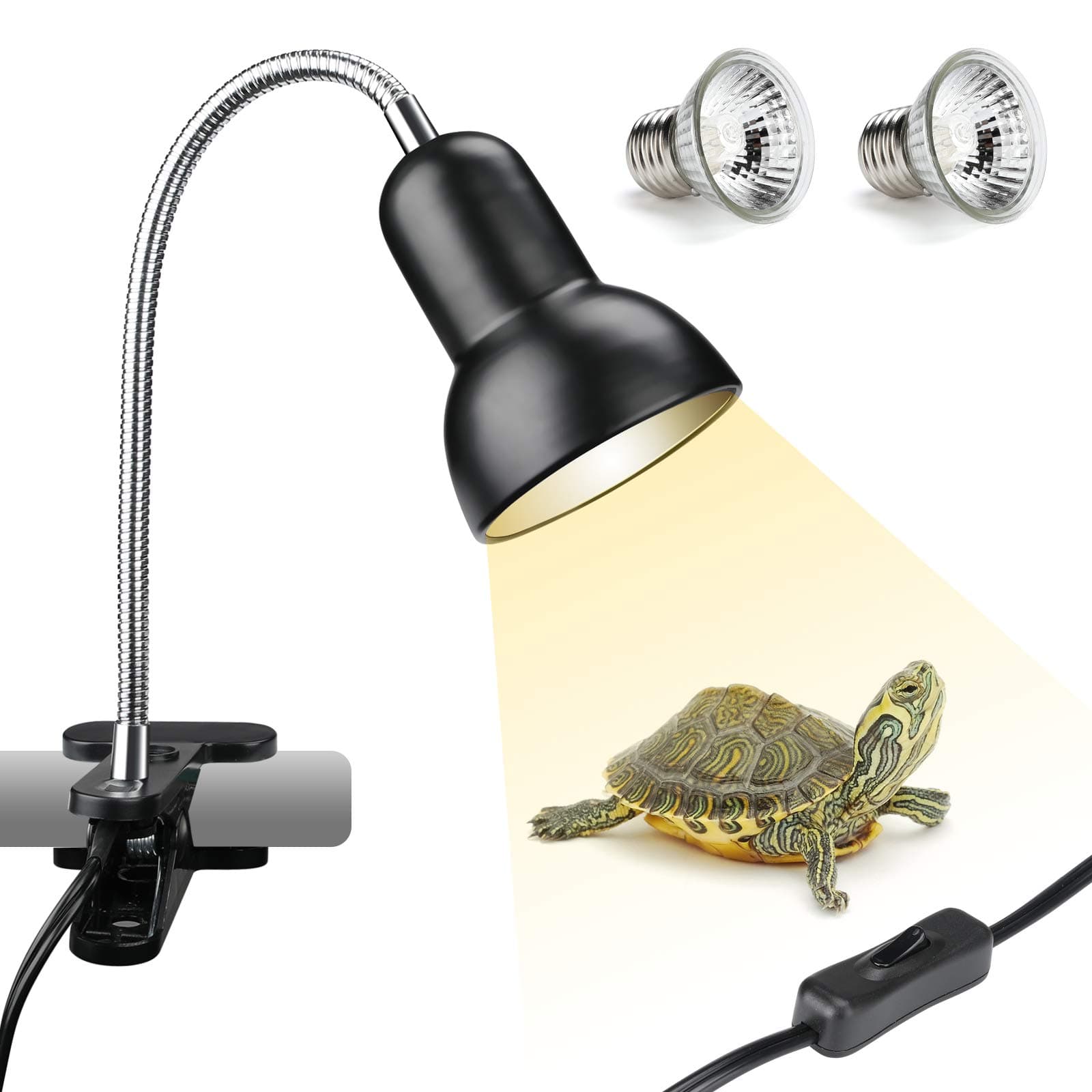 25/50W UVA UVB Reptile Heat Lamp with 2 Bulbs, Basking Spot Hanging Lamp with Clip & Switch, Pet Heating Lamp for Turtle Tank Habitat Reptile Lizard Snake(E27, 110V)