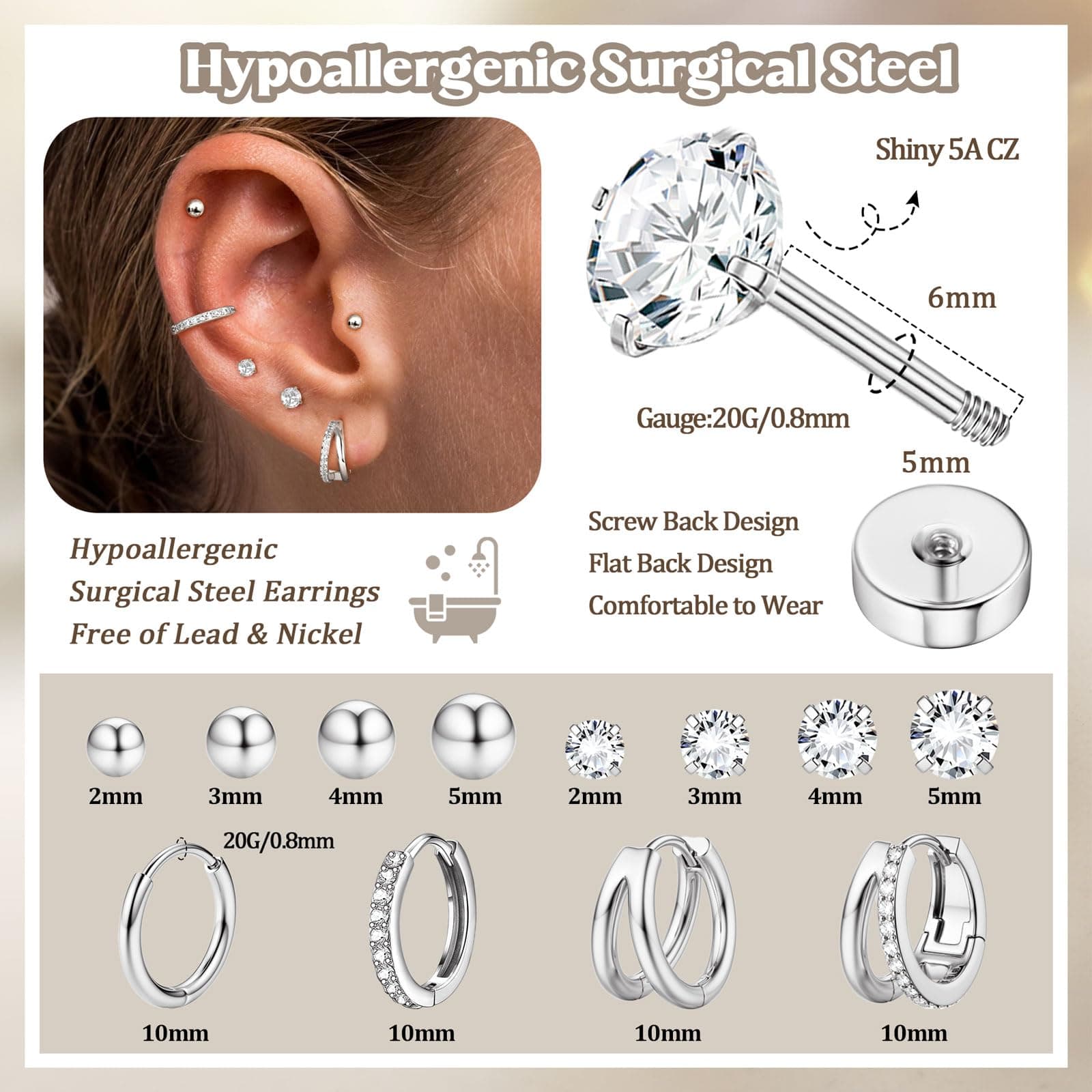 Jstyle Hypoallergenic Gold Stud Hoop Earrings for Women Men Surgical Stainless Steel Flat Back Earrings Small 14K Gold Huggie Hoops Cartilage Earring Set for Multiple Piercing Jewelry Gifts for Women