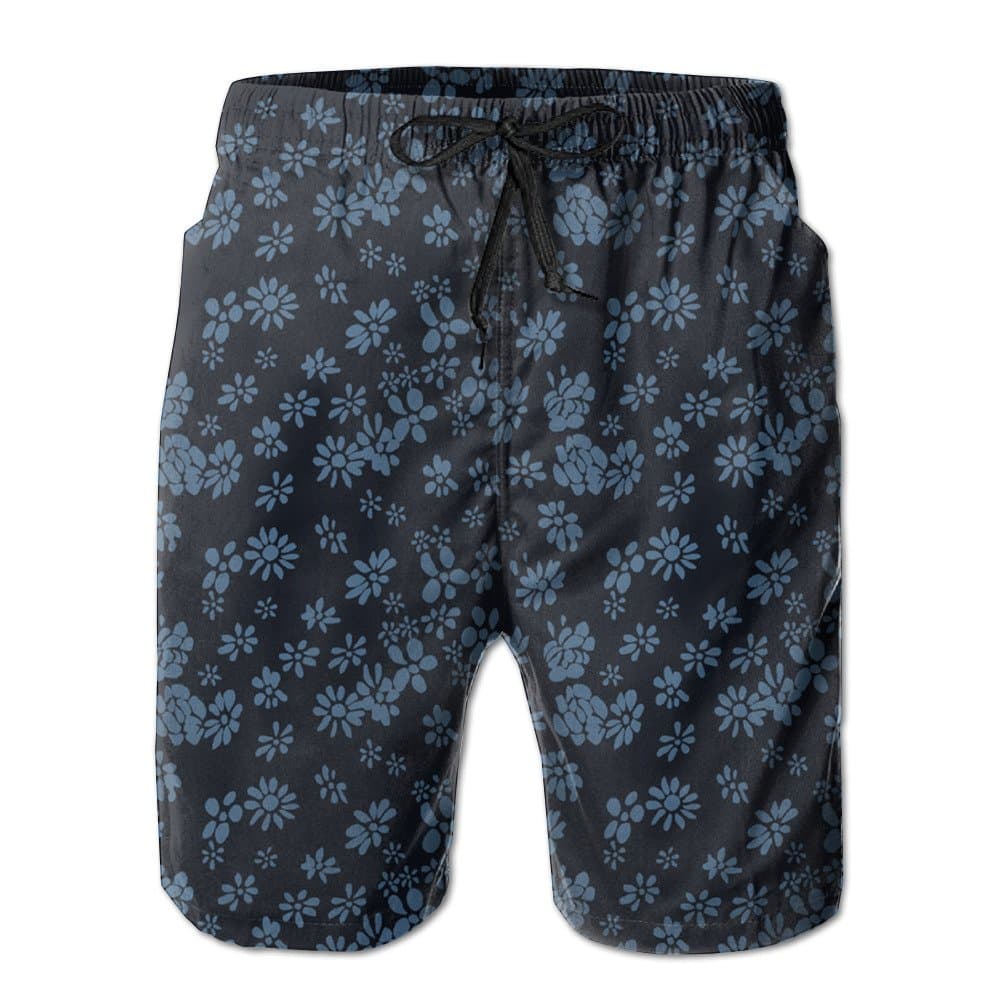 Summer Beach Dark Blue Small Flowers Men's Casual Soft Breathable Beach Pants Shorts Short Pants Drawstring Waist Beach Walk Shorts Beach Shorts Swimming Pants With Pockets