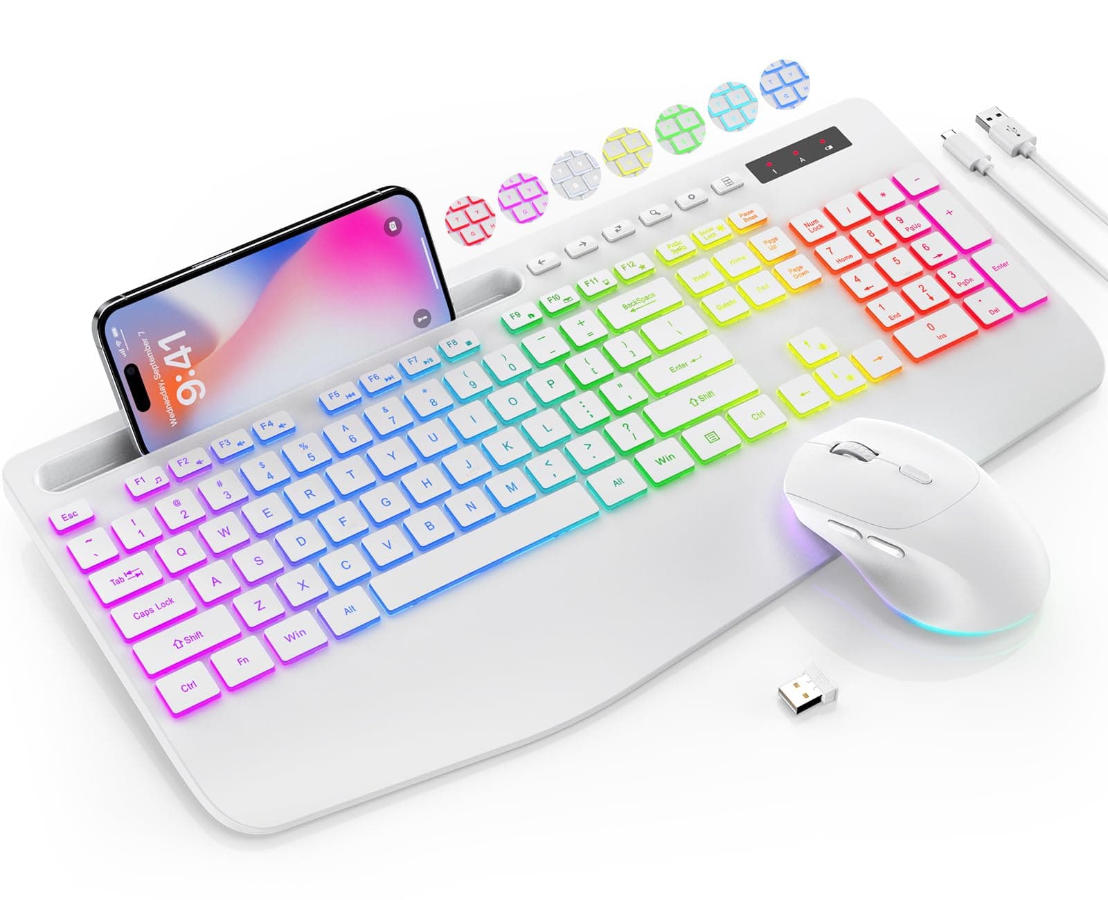 Wireless Keyboard and Mouse Combo, 9 Backlit Effects, Wrist Rest, Phone Holder, 2.4G Lag-Free Ergonomic Keyboards, Rechargeable Silent Cordless Set for Computer, Laptop, Mac, Windows -SABLUTE（White）