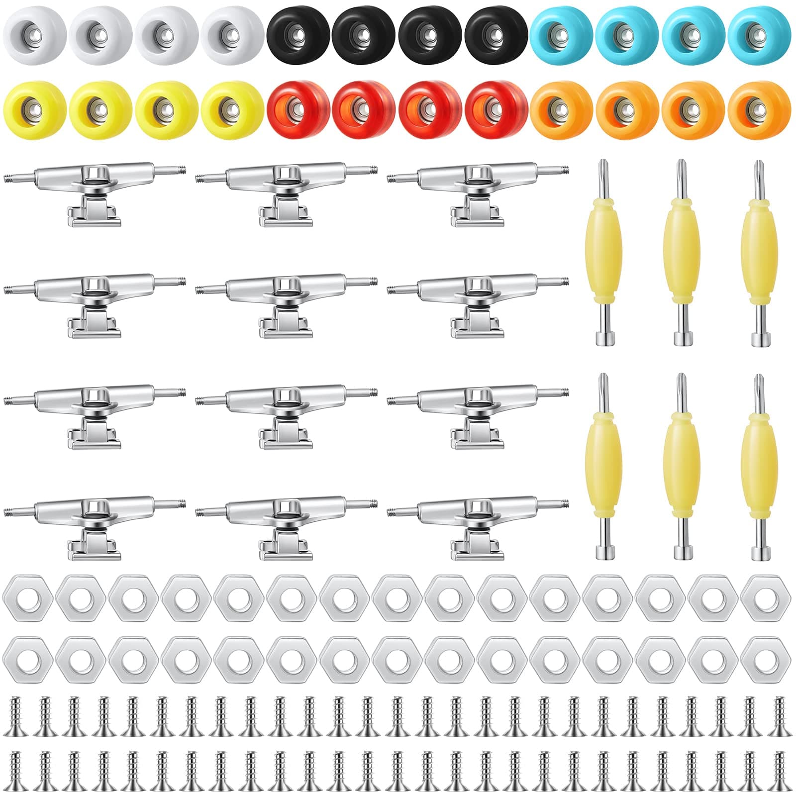 Jexine 6 Sets DIY Fingerboard Kit Fingerboard Accessories Mini Finger Skateboard Parts Include 12 Brackets 54 Screws 30 Nuts 6 Screwdriver 24 Board Wheels Tool for 96mm(Colorful)