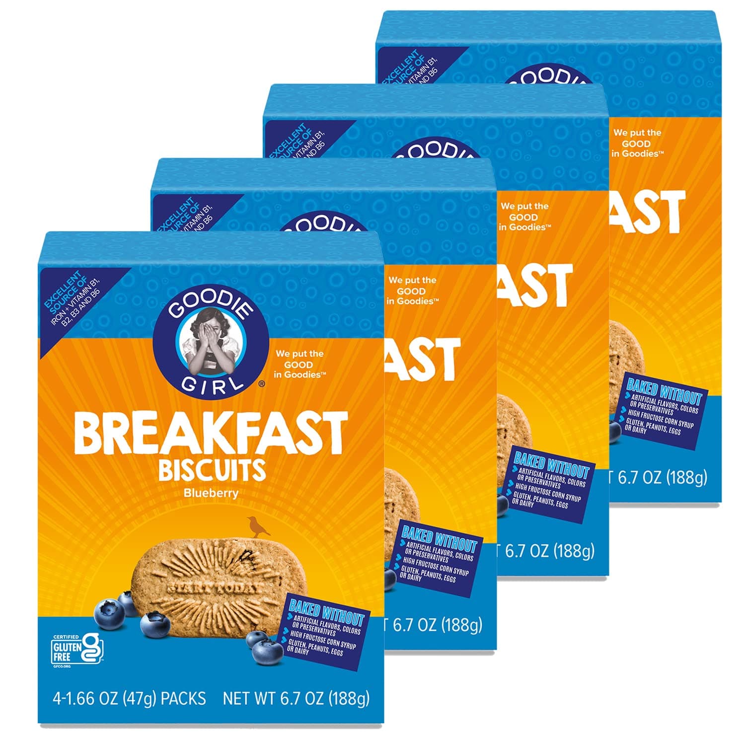 Goodie Girl, Blueberry Breakfast Biscuits | 16 Packs | Gluten Free | Plant Based | Peanut Free | Kosher | Includes 4 Boxes, 16 Packs Total