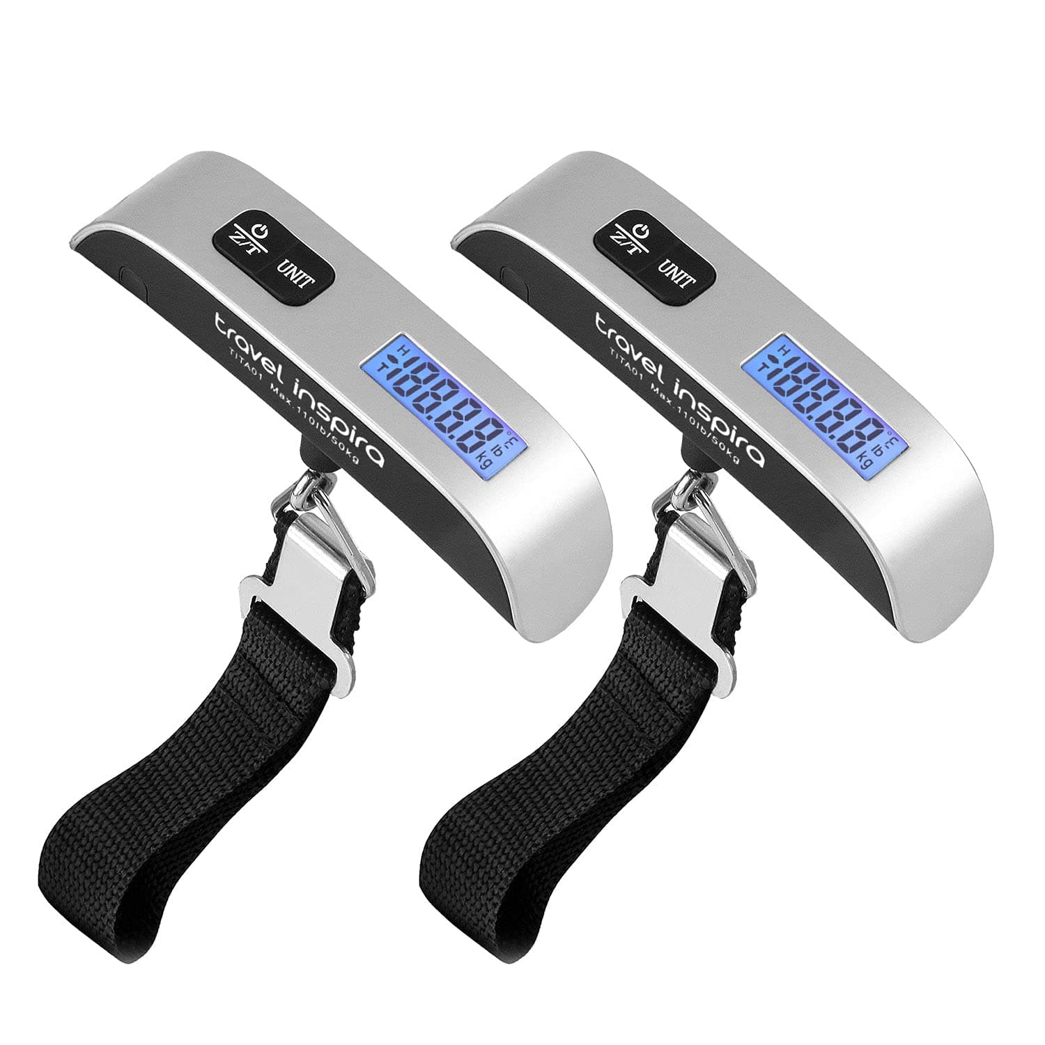 travel inspira Luggage Scale, Portable Digital Hanging Baggage Scale for Travel, Suitcase Weight Scale with Rubber Paint, 110 Pounds, Battery Included, Silver, 2 Pcs, 2 PCS