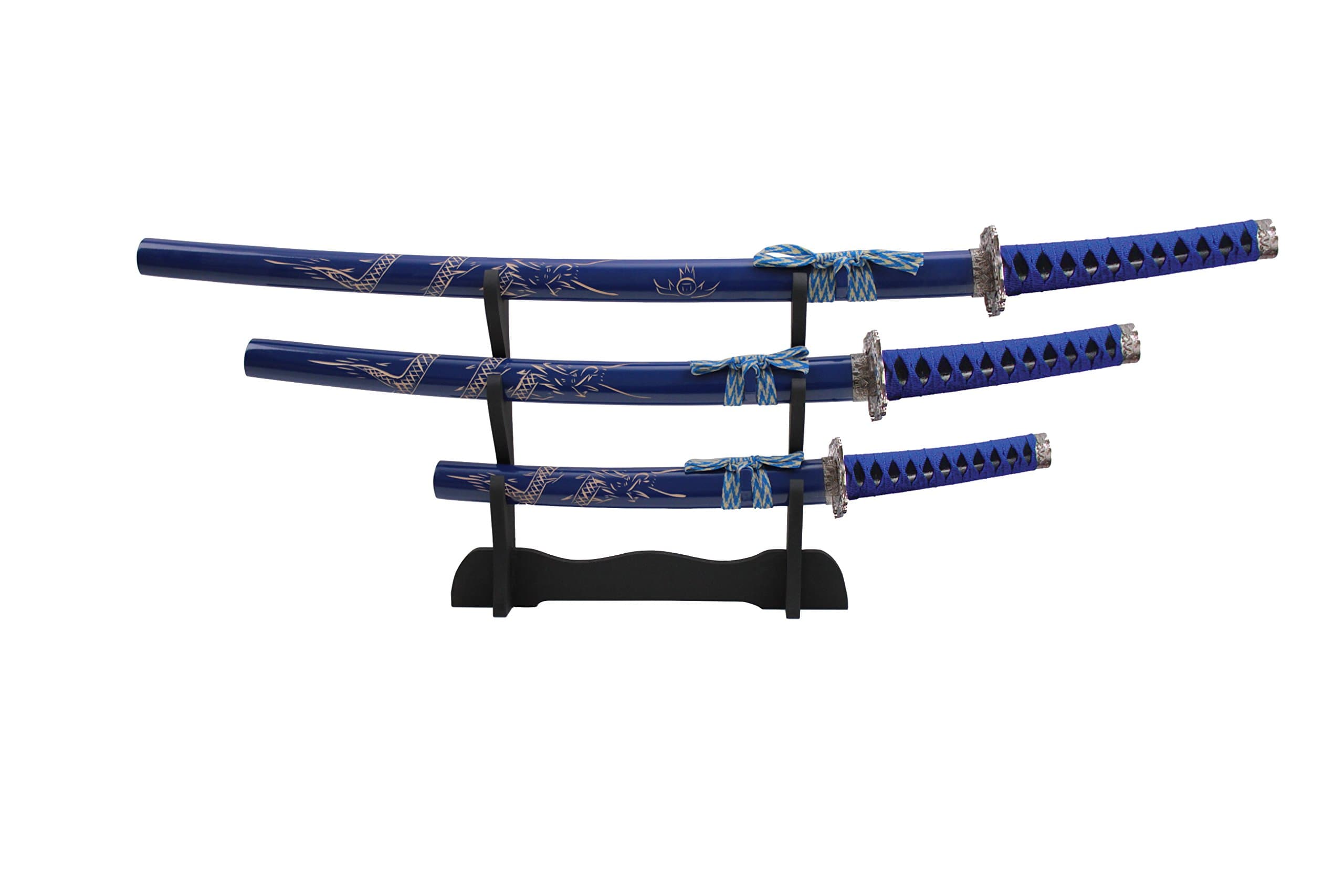 Carved Dragon Blue Samurai Sword Set of 3 with Stand